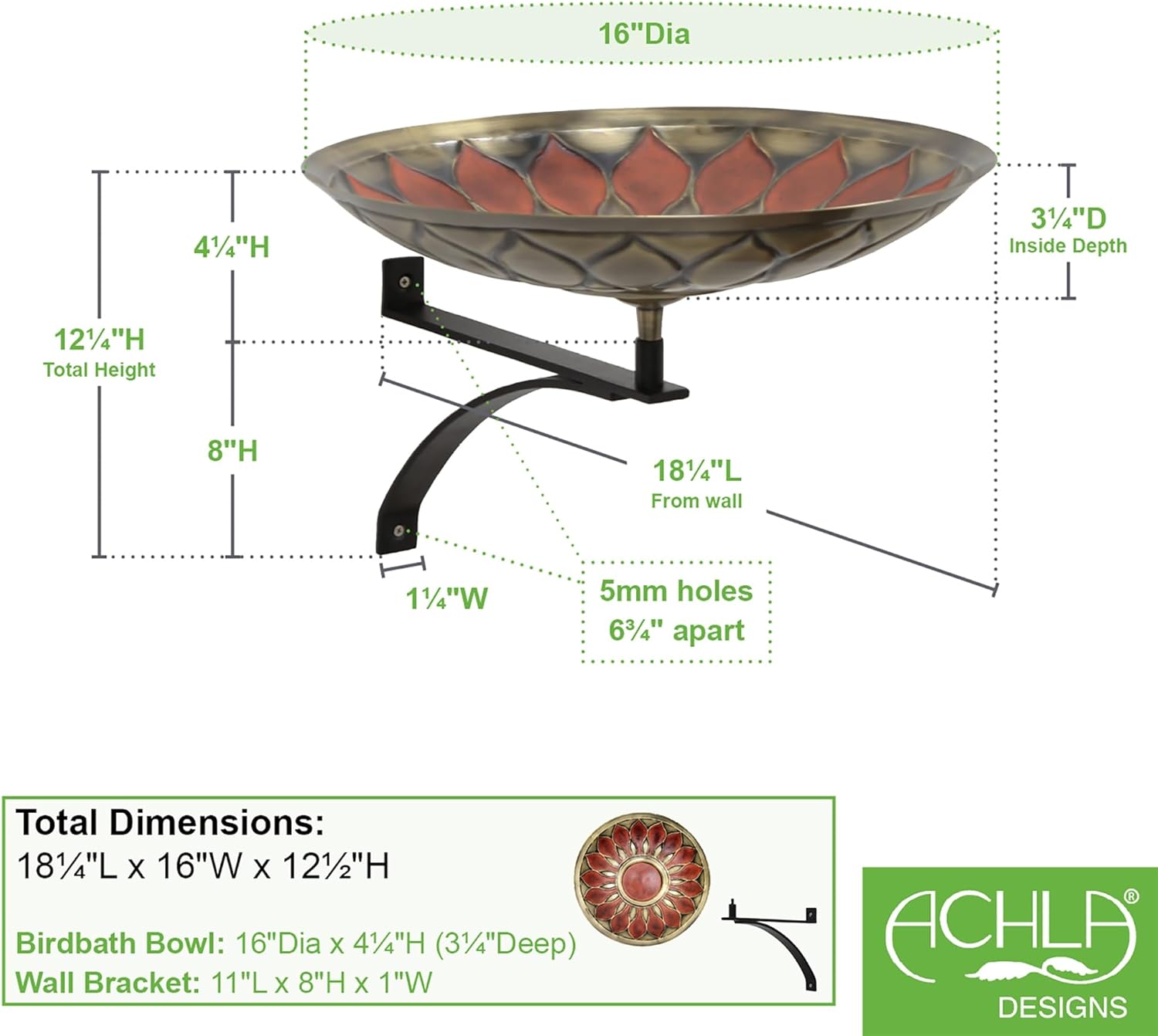 Red African Daisy Birdbath- Wall Mount Bracket