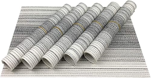 Miniatura 2 de Mantel individual de vinilo tejido duradero, lavable, resistente al calor, antideslizante, para cocina, comedor (juego de 6, negro con blanco)