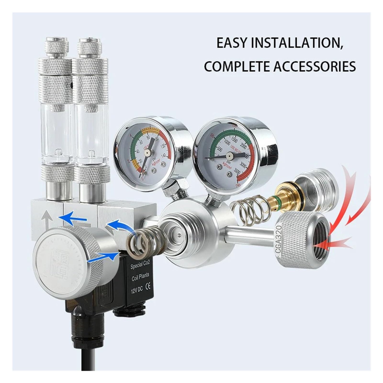 Regolatore Co2 Fai-da-Te for Acquario valvola di Regolazione a Doppio Stadio Valvola di riduzione Co2 con Uscita Multi Splitter for Acquario(CGA320)