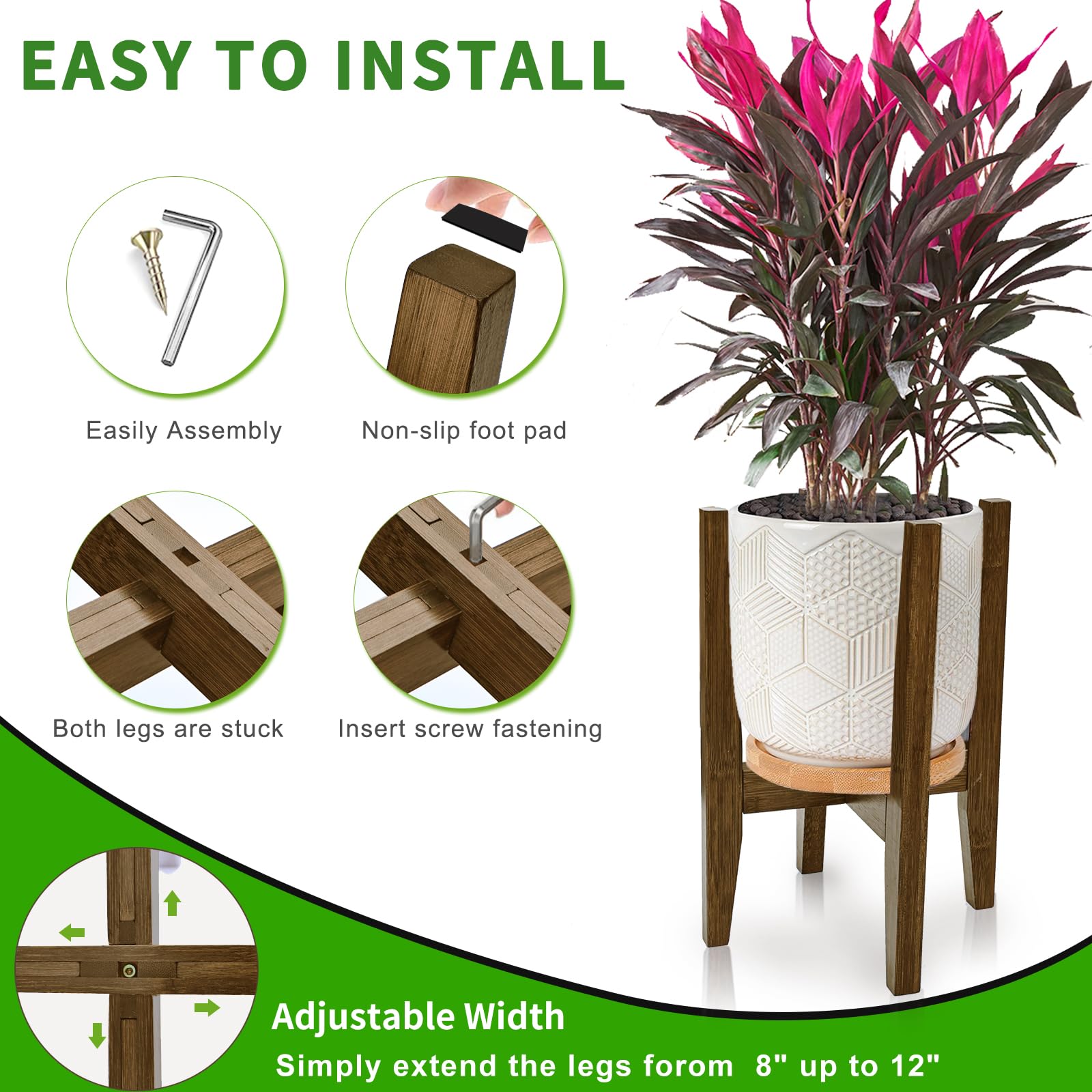 Soporte para plantas de interior, soporte ajustable de bambú para plantas, estante moderno para macetas, estante para plantas, se adapta a macetas de 8 a 12 pulgadas (maceta y planta no incluidas) 6