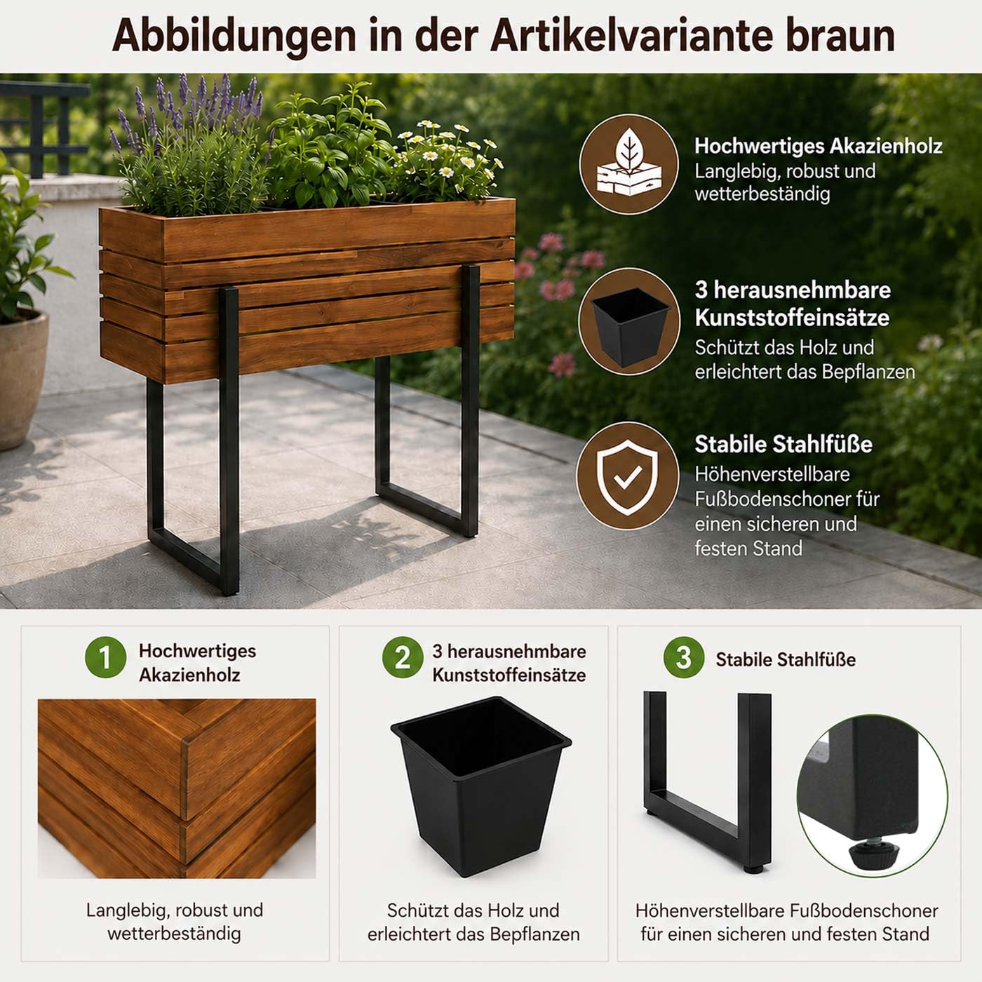 Mendler Hochbeet HWC-P85 Outdoor FSC® 68x80x30cm - braun | Pflanzbeet, Blumen-/Pflanzkasten, Pflanzkübel, Akazie Holz