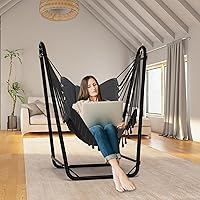 Vista 5 de Silla hamaca única en forma de U con soporte, resistente y resistente al óxido, silla hamaca de algodón gris gratis