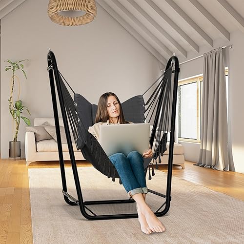 Miniatura 5 de Silla hamaca única en forma de U con soporte, resistente y resistente al óxido, silla hamaca de algodón gris gratis