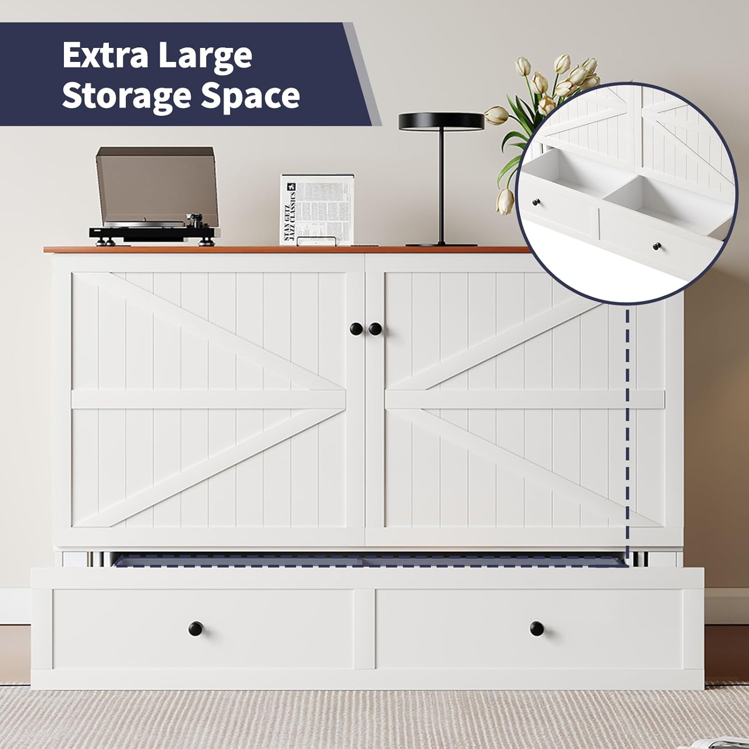 ijuicy Full Murphy Bed with Storage & Multifunctional Charging Station, Farmhouse Murphy Cabinet Bed with Foldable Panel, Space-Saving Beds for Guest Bedroom,Living Room(White & Brown, with Mattress)
