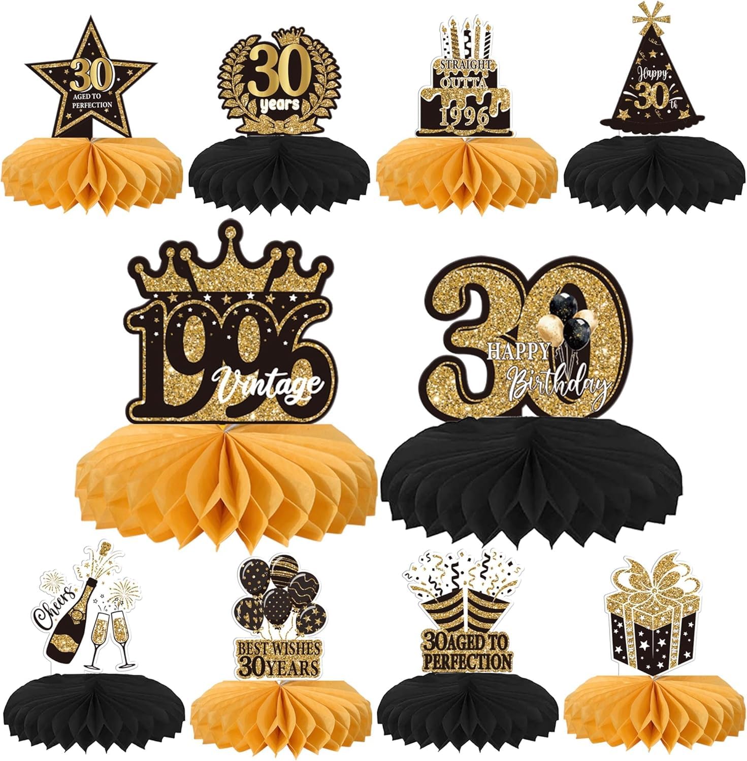 SYKYCTCY 10 Stück 30th Geburtstag Tischdeko Vintage 1996 Schwarz Gold Tischdeko Thirty Hello 30 Wabe Dekorationen für Männer Frauen 30. Geburtstag Thema Party Dekorationen