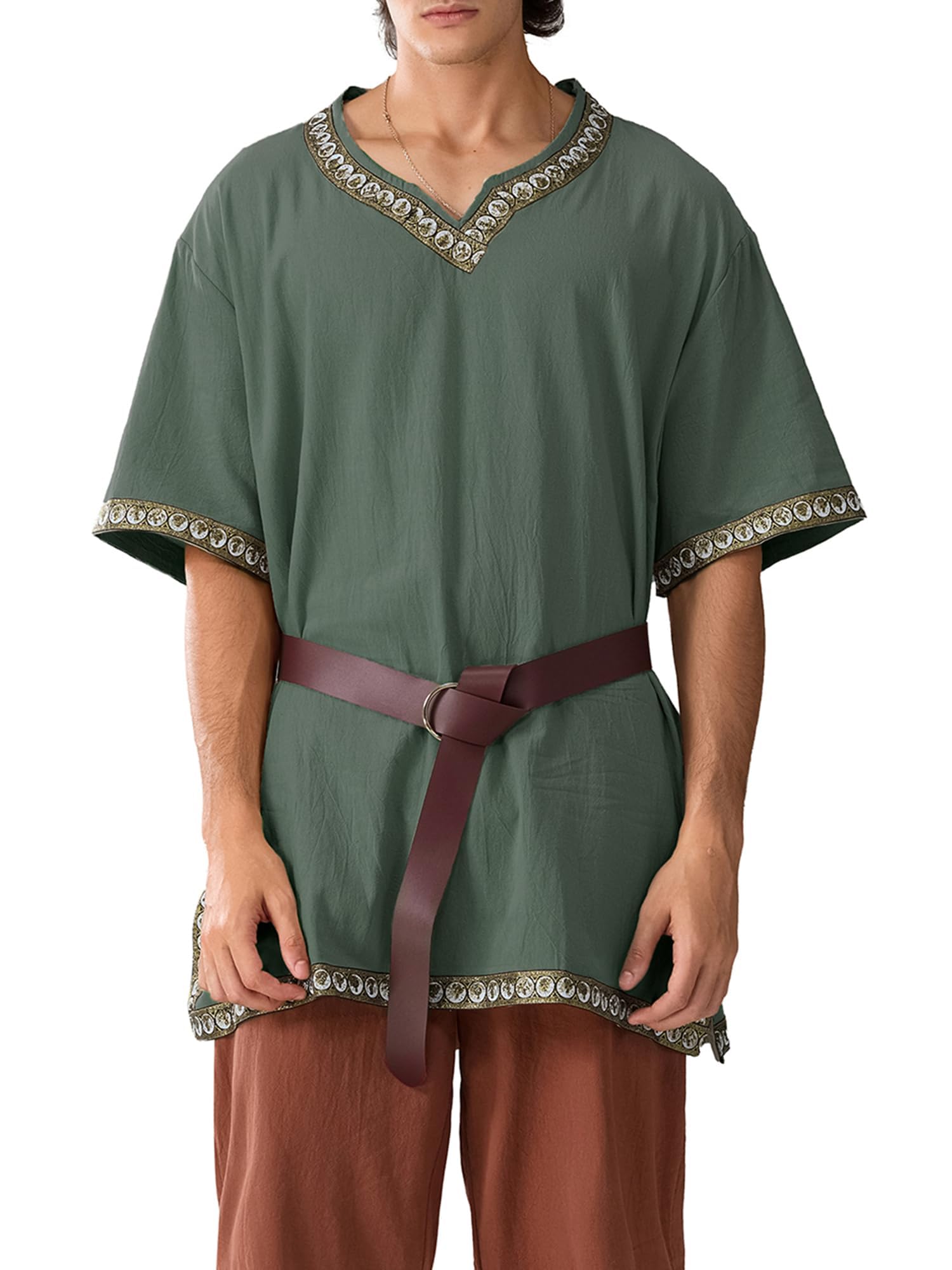 Men Medieval Costume Renaissance Templar Tunic Viking Knight Pirate Vintage Warrior Halloween Cosplay Party Tops No Belt (A-Army Green, XL)