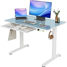 INNOVAR Glass Standing Desk with Drawer, Adjustable Height, Electric Standup Desk, Small Standing Desk with Storage 40 Inch, Molandy Blue