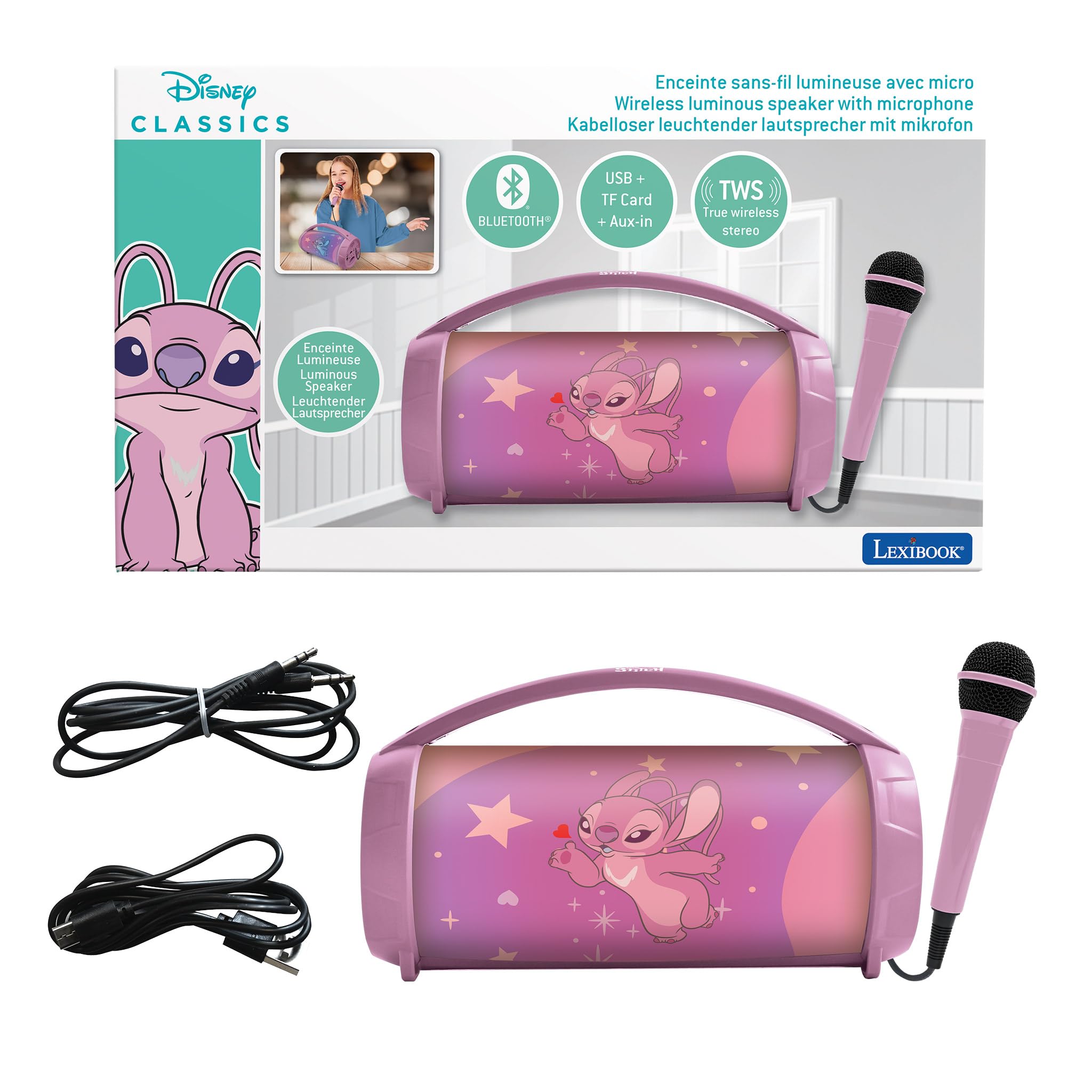 Lexibook, Disney Stitch, Angel wireless light speaker with microphone, Stereo sound, Karaoke function, USB and SD card ports, Rechargeable battery, Handle to carry everywhere, Pink, BTP585D1Z