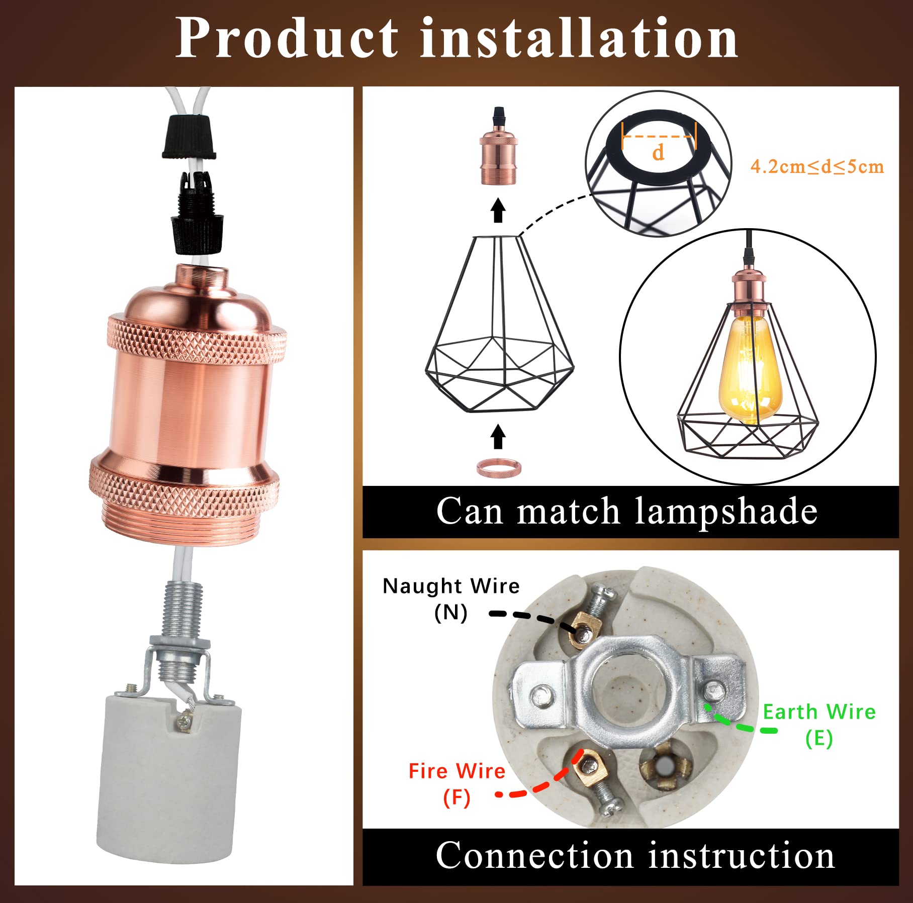 DiCUNO E27 Vintage Portalampada, Edison retro lampada a sospensione, Adattatore in ceramica solida, 10 Pezzi di oro rosa socket