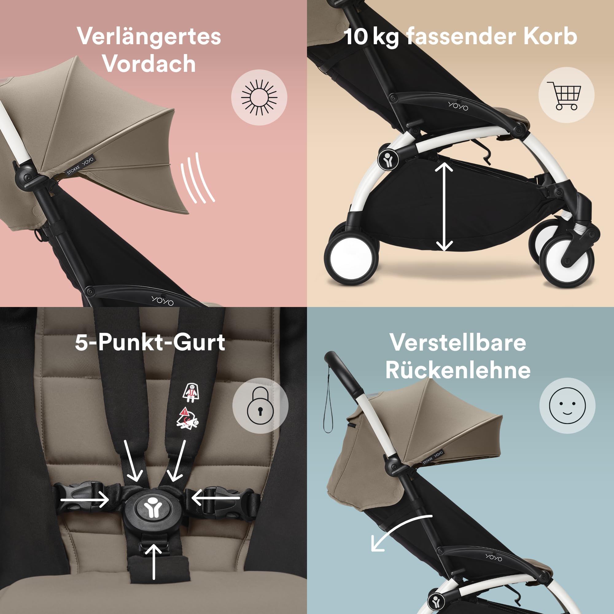 Stokke YOYO3 Kinderwagen ab 6 Monaten - Inklusive weißem Rahmen, Taupe Sitzkissen + Verdeck - Blitzschnell ein- und ausklappbar - Leicht & kompakt - Handgepäck-kompatibel