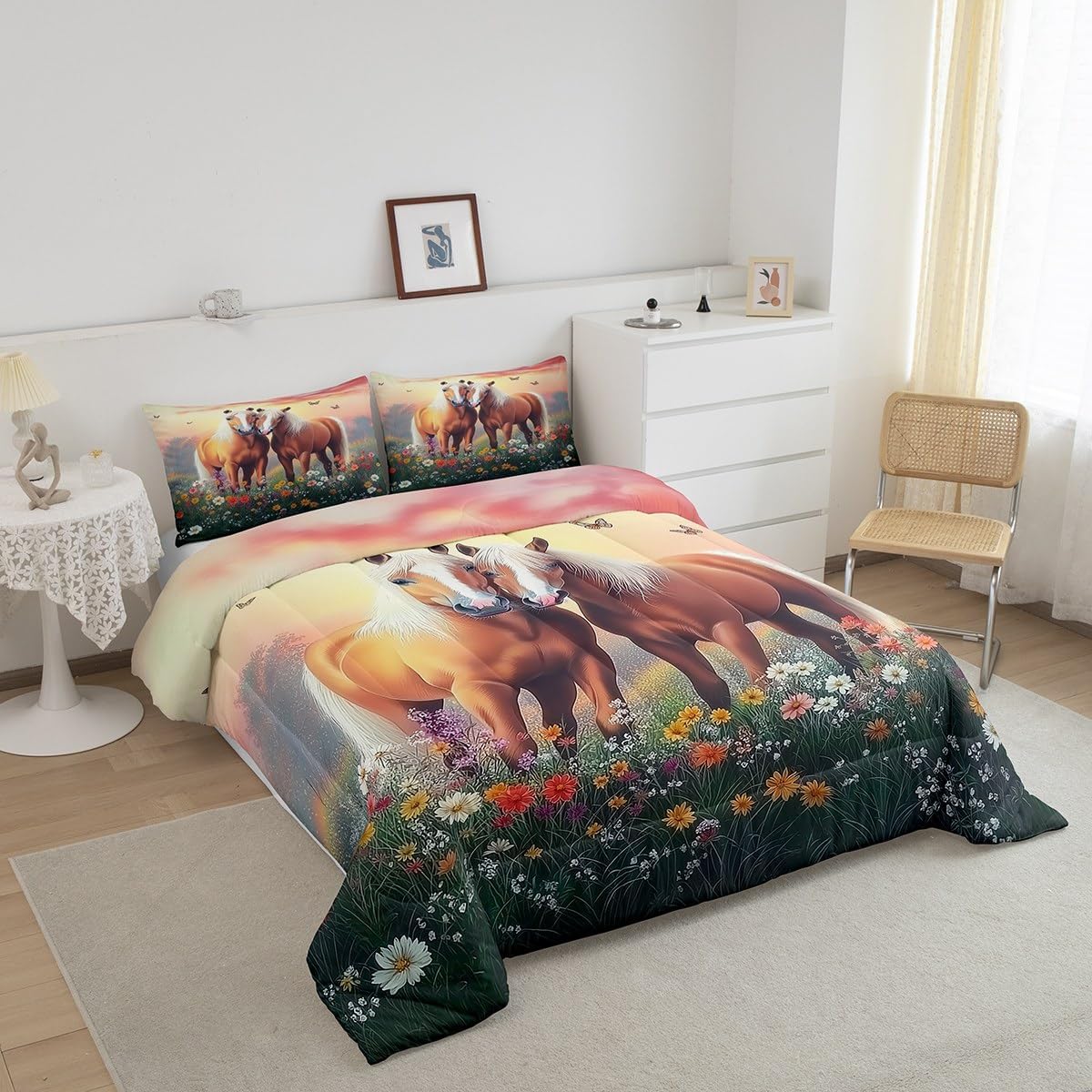 Horse Bedding Sets Toddler Size, Botanical Floral Comforter Set for Kids Adults, Western Cowgirl Bedding Comforter Sets Aesthetic Country Bed Set, Horse Decor for Girls Room (Pink Reversible)