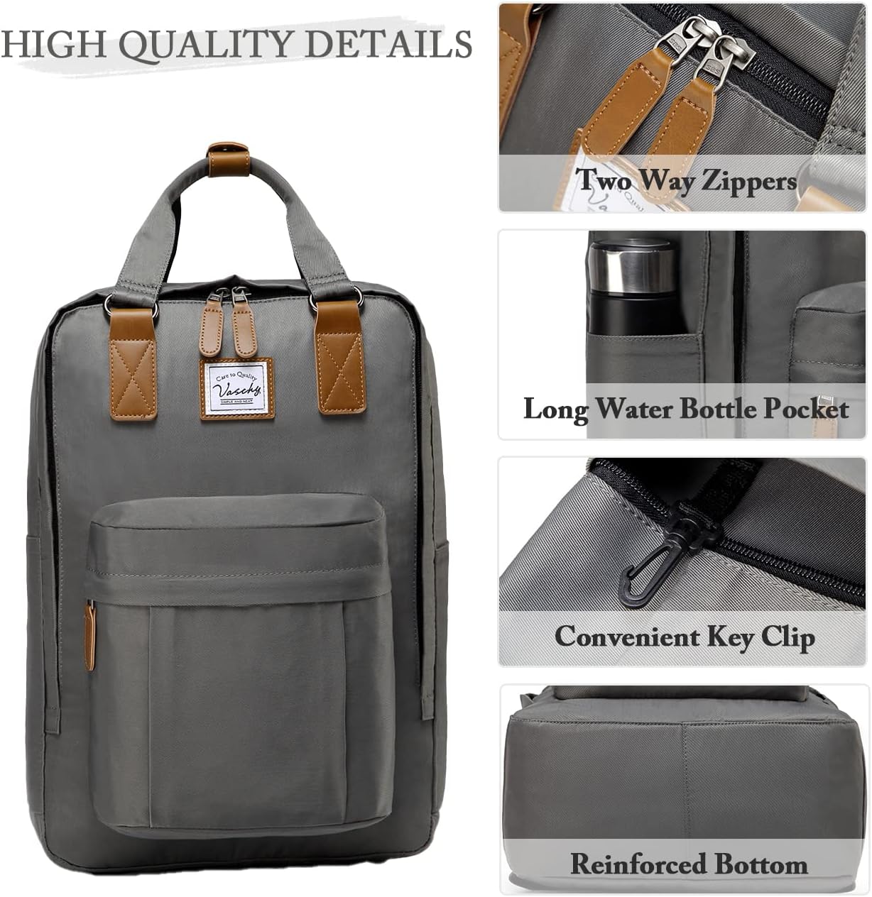 VASCHY School Backpack for Men, Travel Backpack Water Resistant College High School Computer Bag Student Bookbag, Gray