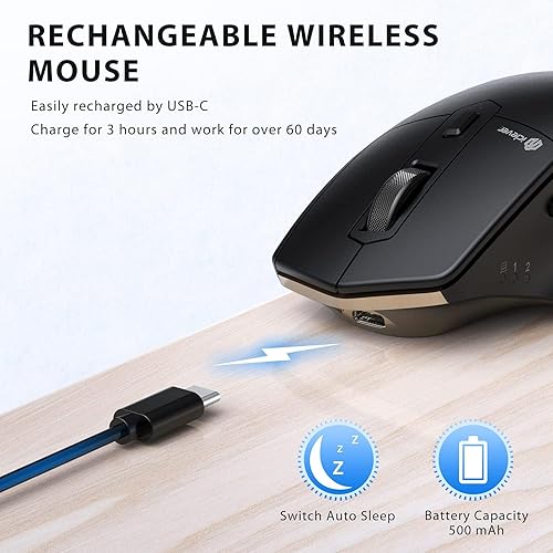 Miniatura 6 de iClever Mouse inalámbrico con Bluetooth o receptor USB, 5 ratones ajustables de 2400 DPI recargables para computadora, mouse inalámbrico para