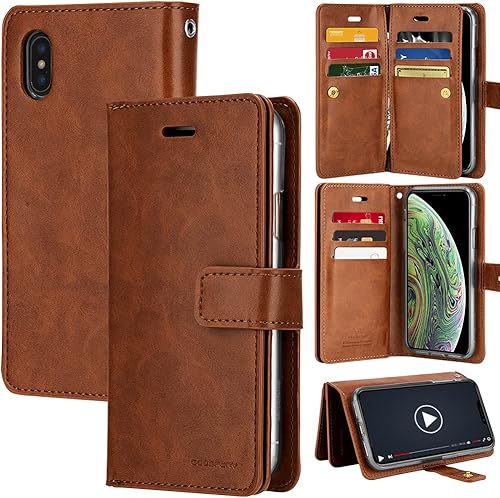 GOOSPERY Mansoor - Funda de piel tipo cartera para iPhone Xs (2018) iPhone X (2017), tarjetero de doble cara 9 ranuras para tarjetas, 2 bolsillos