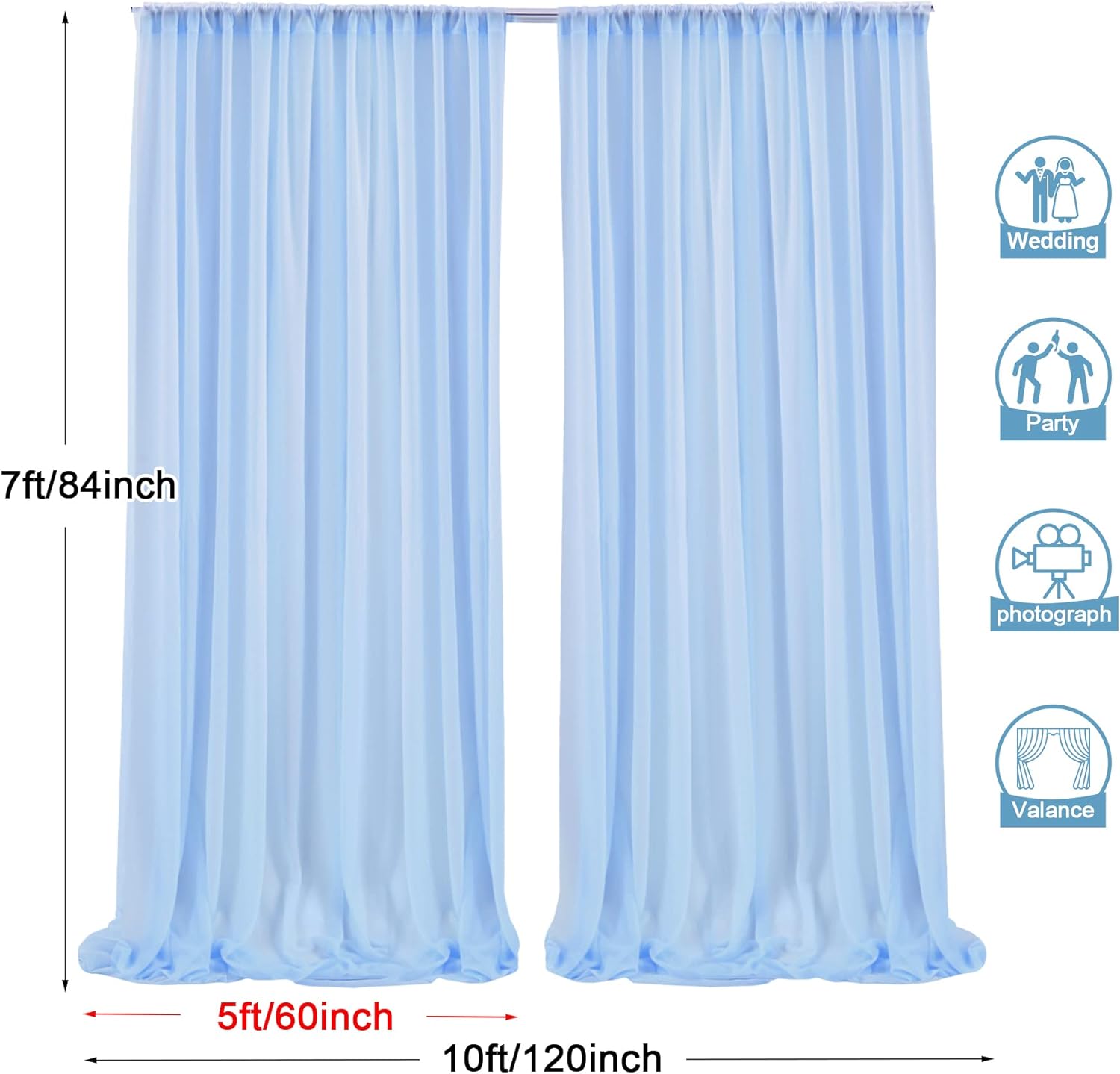 PARTISKY 10ftx7ft Blue Chiffon Backdrop Curtains, Wrinkle-Free Sheer Fabric Photo Drapes for Wedding Ceremony Arch Birthday Baby Shower Photography Stage Decor 5ft x 7ft, 2 Panel