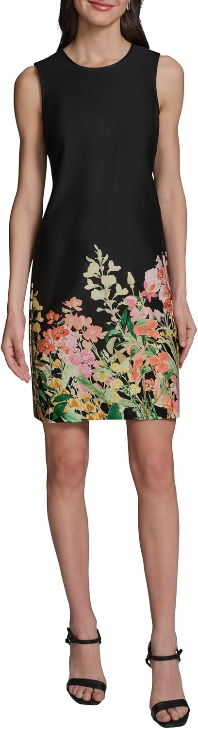 Karl Lagerfeld Women's Sleeveless Crew Neck Boarder Print Shift Cotton Dress