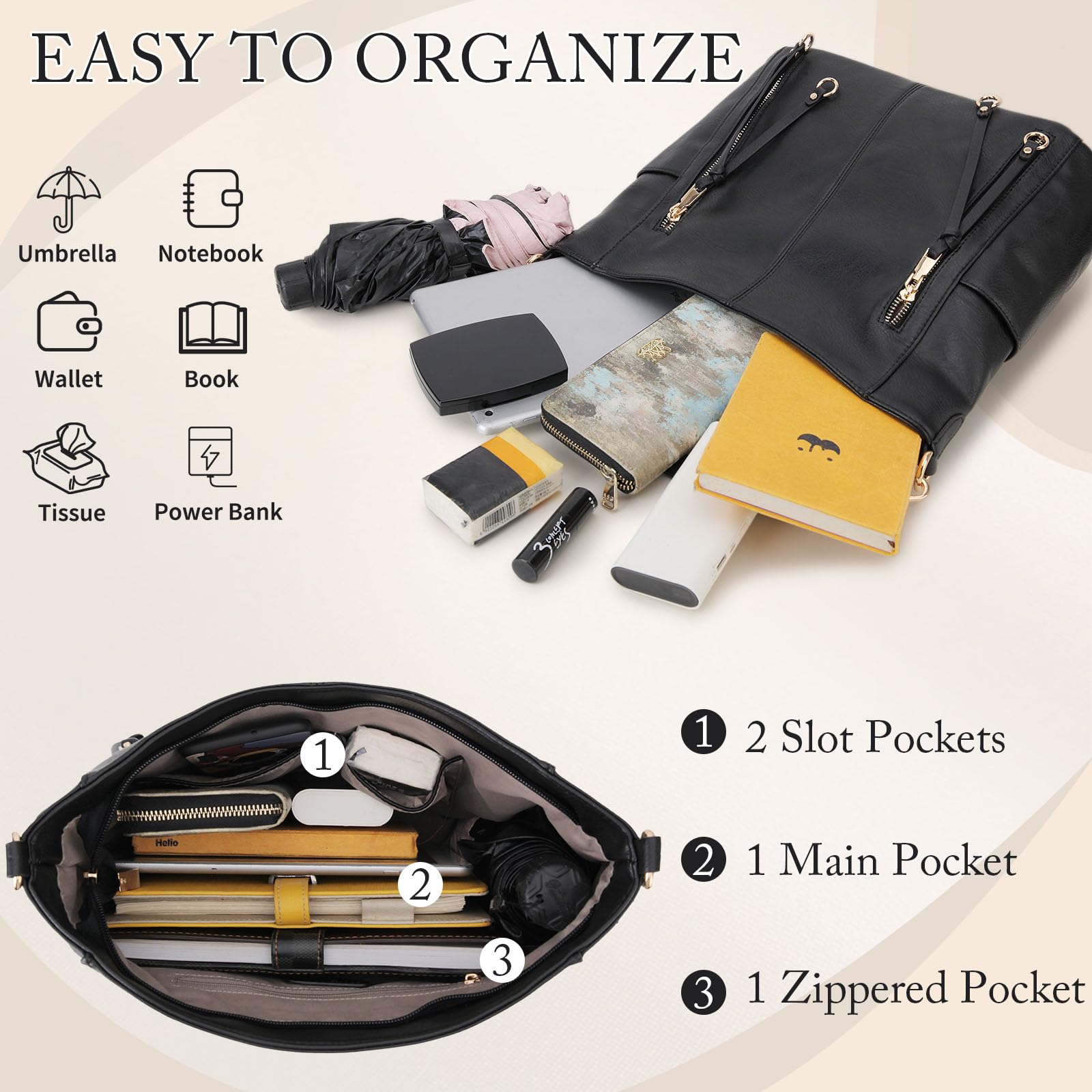 Chase Chic Handtasche Damen, Leder umhängetasche Shopper Hobo Taschen Geldbörse set Gross Schultertasche mit Abnehmbar Schulterriemen 2pcs Schwarz