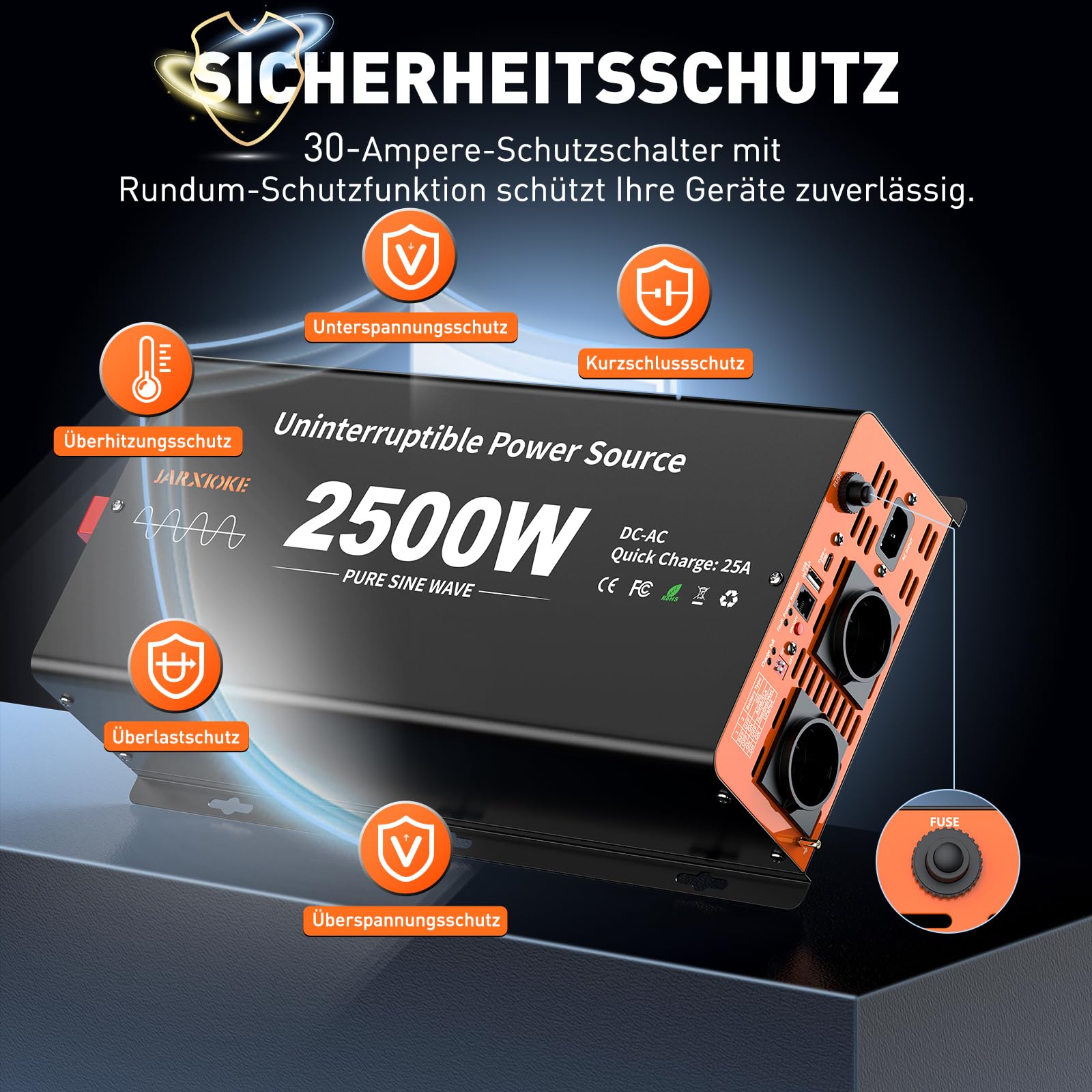 Falownik 2500 W, 12 V na 230 V, czysty sinus z przełącznikiem priorytetowym i funkcją ładowania 25 A i USV, przetwornica napięcia z pilotem LCD, USB-A, USB-C 30 W, do samochodów ciężarowych
