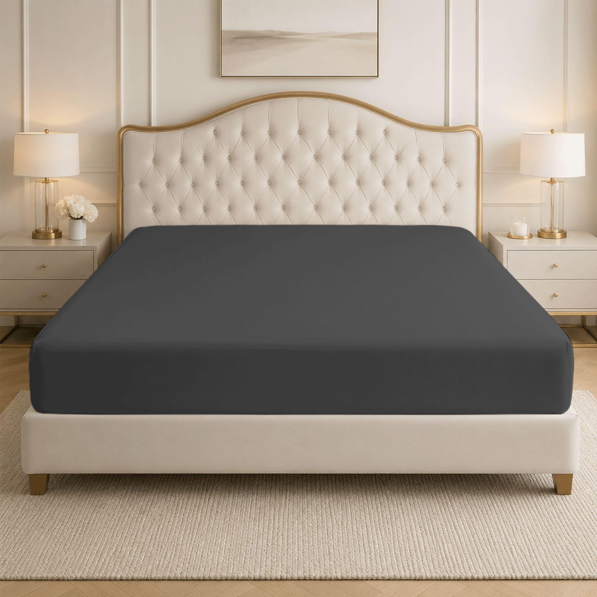100% Egyptian Cotton Fitted Bed Sheets, 400 Thread Count Double Bed Sheet, 35cm Deep Pocket Fitted Bedding, Breathable Cotton Mattress Cover