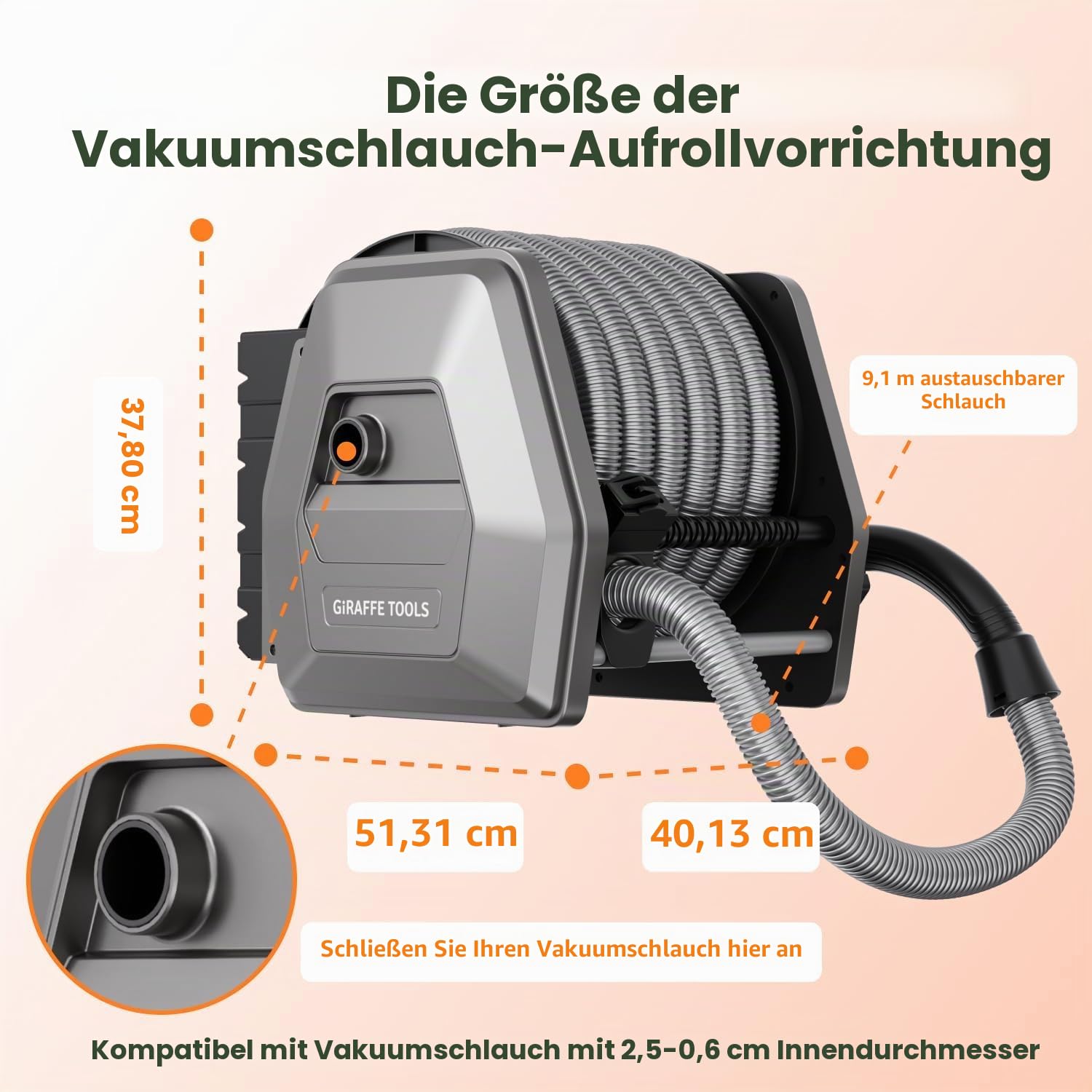 Giraffe Tools 32 mm Vakuumschlauchtrommel mit 9,2 m Verlängerung, einziehbarer Schlauch, Wandmontage, austauschbarer Schlauch, geeignet für 3,8 cm Nass- und Trockensauger