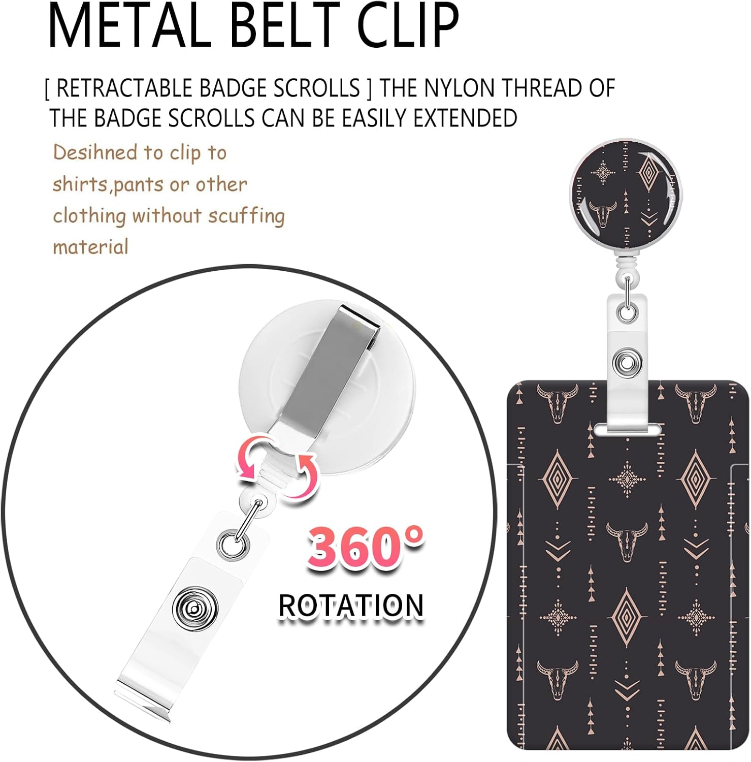 ID Badge Holder with Lanyard,Fashionable Retractable Badge Holders Reels with Lanyards Adjustable, for Women Kids Teacher Nurses Doctor Student(Boho Bull Skull) - Image 7