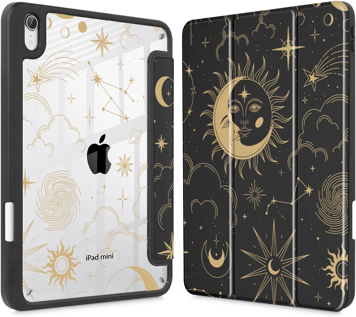 Tuiklol for iPad mini 7 (A17 Pro) 2024 / iPad mini 6 2021 8.3 inch Case, Built-in Pencil Holder Slim Clear Back Shell Cover Auto Wake/Sleep with iPad mini 7th / 6th Gen Cover, Moon and Star
