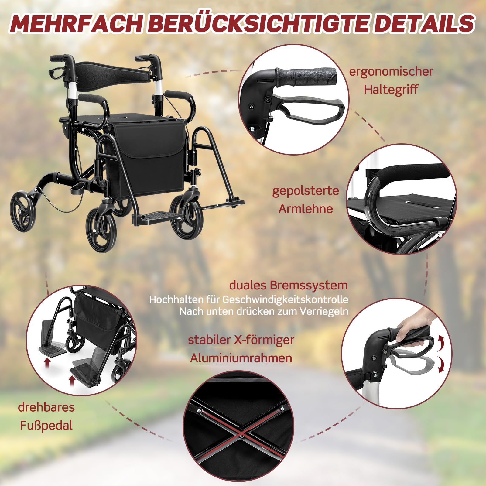 RELAX4LIFE 2-in-1 Rollstuhl Rollator Faltbar und Leicht mit Sitz, Rollatoren 6-fach höhenverstellbar, Leichtgewicht Reiserollator Aluminium, Gehhilfe mit Gummireifen, Tasche, Stockhalter (Schwarz)