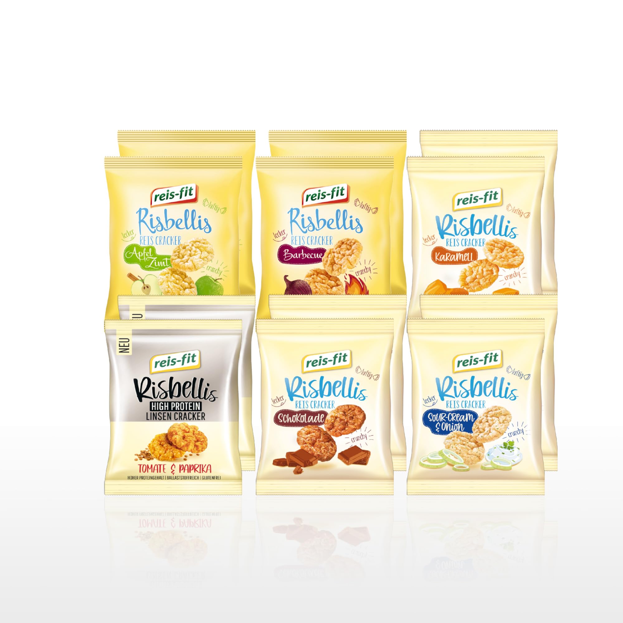 EKERA – reis-fit Risbellis – 12er Mixpaket (6 x 2 Sorten) knusprige Reiscracker | Süß & herzhaft | leichte Reiswaffeln als Snack für unterwegs, Büro & zu Hause | Reis Cracker fettarm