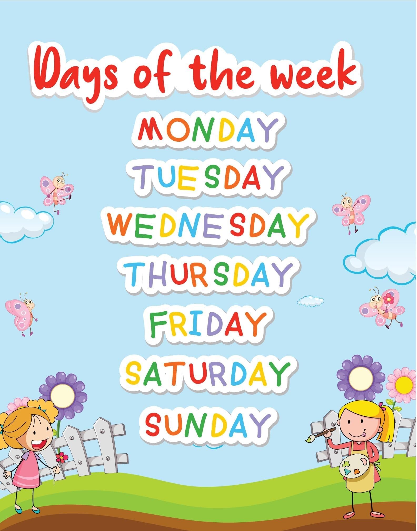 FOPURE Days of the Week Learning Poster Educational Wall Chart for Preschool Kindergarten Homeschool Decor(16x24inch(40x60cm),Framed)