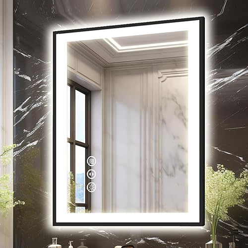 20x28 LED Bathroom Mirrors-Black Aluminum Framed (Front and Backlit), Anti-Fog Vanity Mirror with Lights,Stepless Dimmable Lighted Mirror,3 Colors Smart Mirror(Horizontal/Vertical)