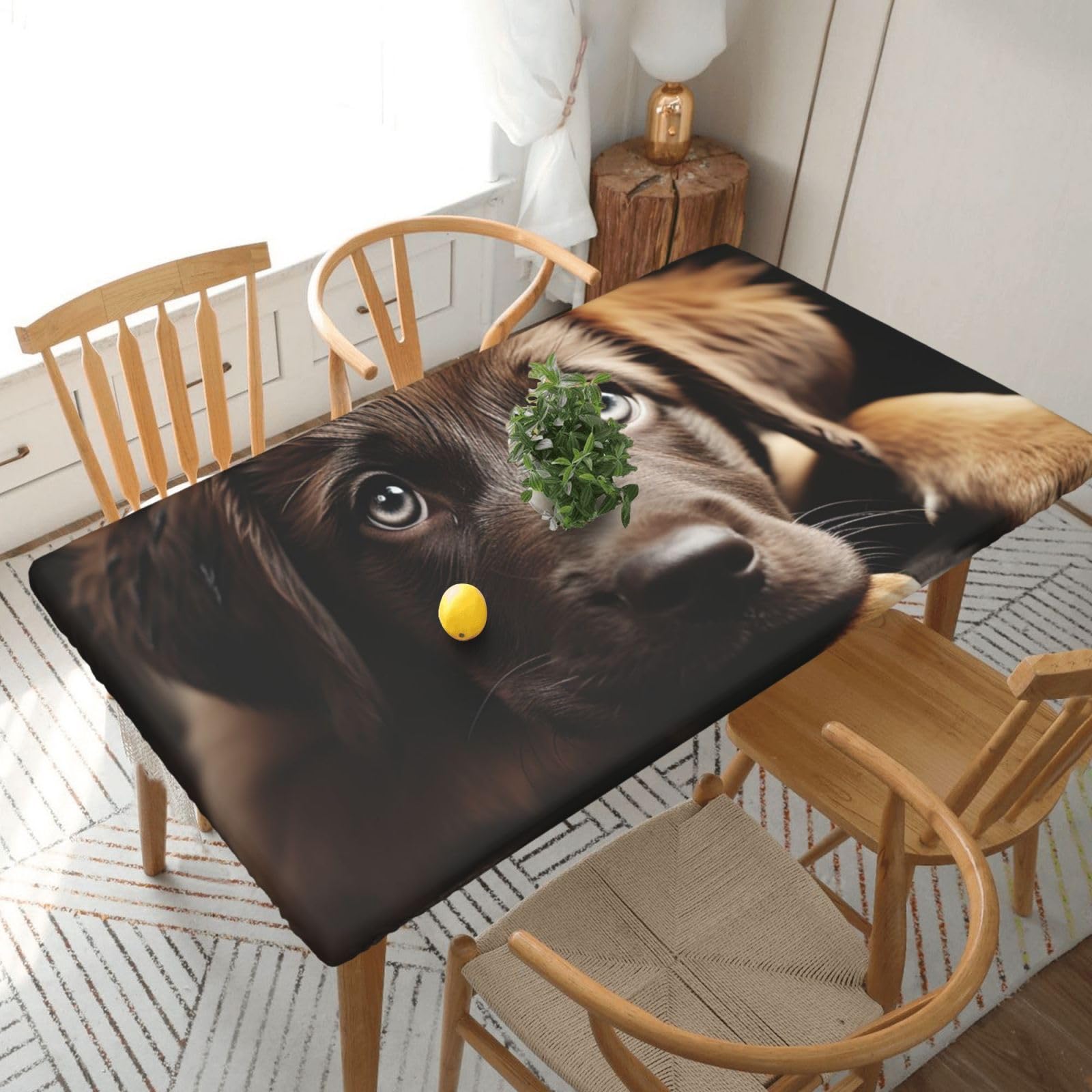 Xzeit Puppies Dog Rectangle Tablecloth Elastic Fitted Table Covers for 5 Ft Tables Stretch Table Cloths Outdoor Waterproof Table Cloth Cover for Picnic Camping Indoor Outdoor 30