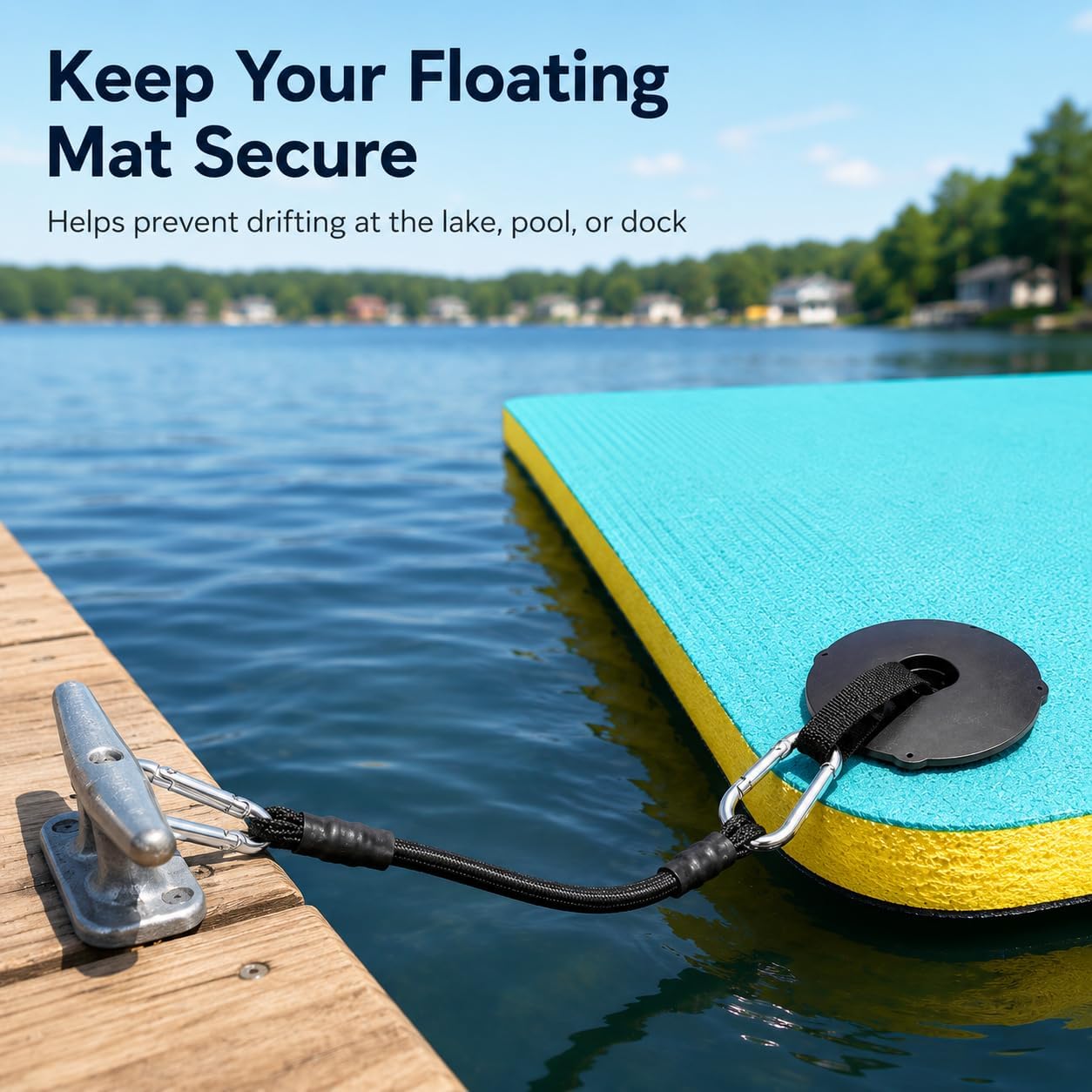 Floating Water Mat Tether Kit with 118 Inch Bungee Cord & Snap Grommet Set, Foam Water Pad Anchor Strap with Metal Snap Hooks for Lake, Pool, Dock, Boat & Lily Pad Mats