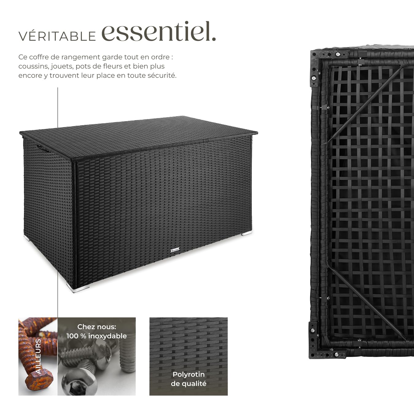 tectake® Coffre de jardin Exterieur, Coffre à Coussins 750 L en Aluminium Polyrotin 145 x 82,5 x 79,5 cm, Couvercle Rabattable, Poignées pour Rangement des Outils de Jardin, Jouets - 3