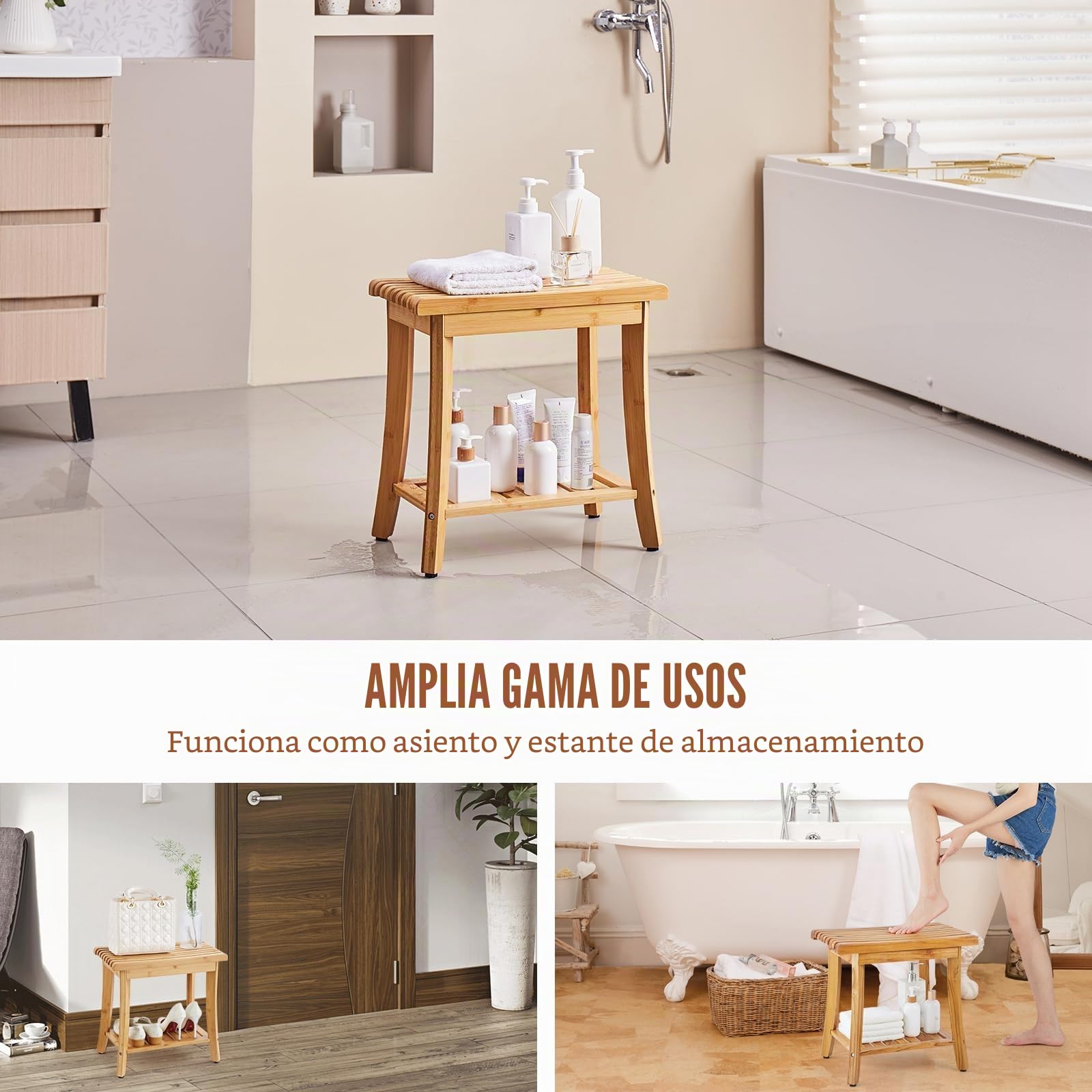 VEVOR Banco de Ducha de bambú, Silla de Ducha Impermeable de 19 Pulgadas con Estante de Almacenamiento, Almohadillas Antideslizantes, Capacidad de Carga de 330 Libras, Asiento de Silla de Ducha, para