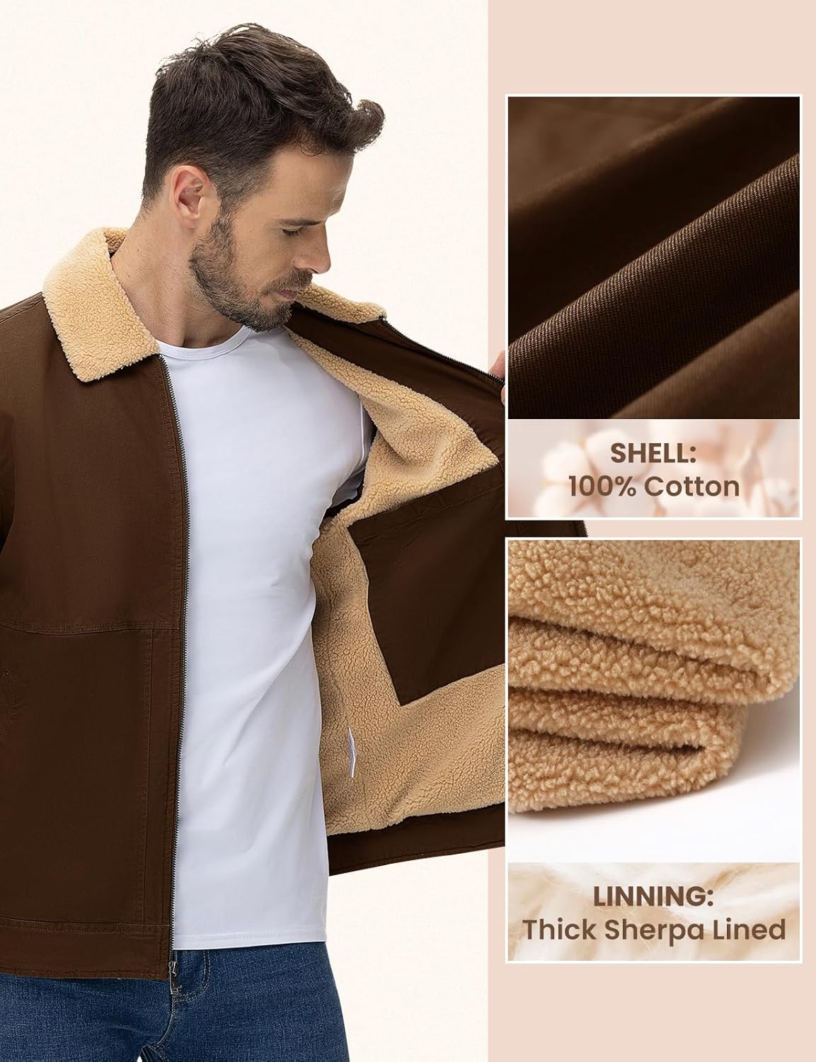 Rdruko Men's Winter Sherpa Jacket Thick Fleece Lined Cotton Full Zip Warm Coat Trucker Work - Image 4