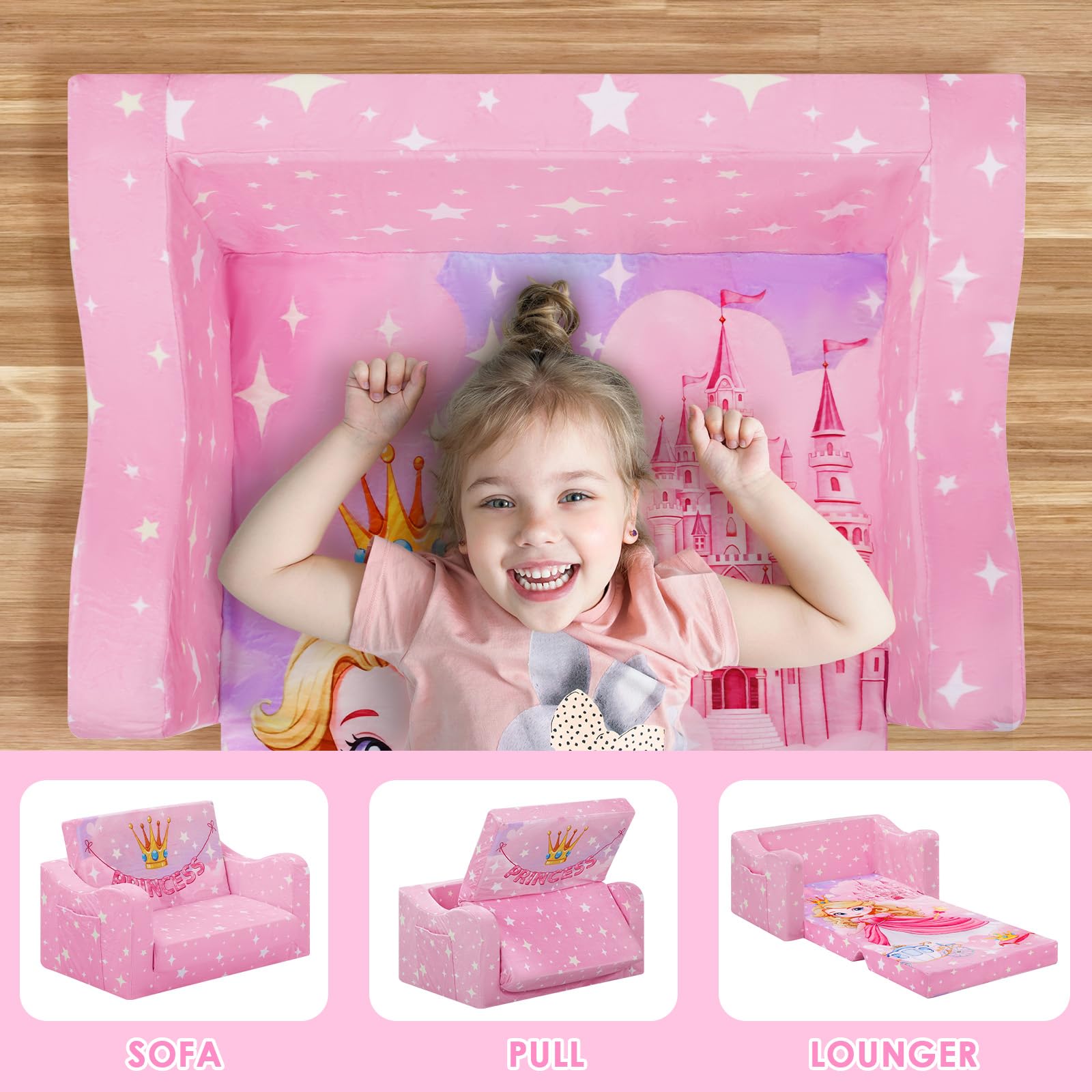 Kindersofa Ausklappbar 2-in-1, Standfester Schlafsofa für Jugend und Mädchen,Weiche Kindercouch für Kuschelecke Leseecke, Rosa Prinzessin