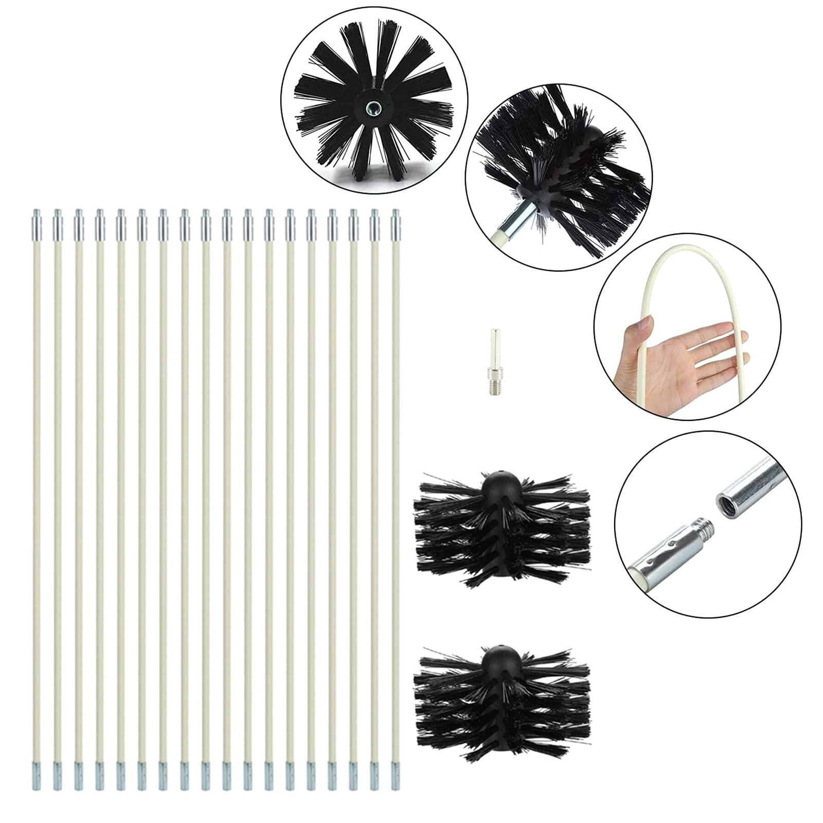 Set di spazzole per camino, spazzola per canna fumaria, set di pulizia con 18 aste flessibili, 2 testine in nylon (2 testine, 18 aste)