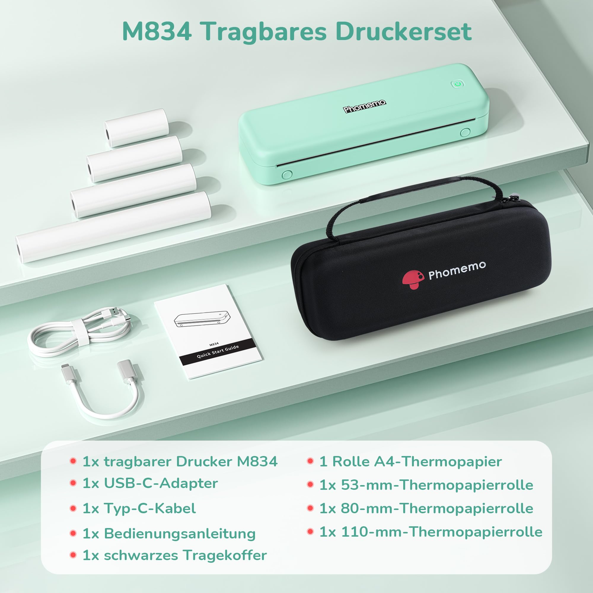 Phomemo Tragbarer Mobiler Thermodrucker A4 300 DPI - M834 Grünes Set – Bild 4