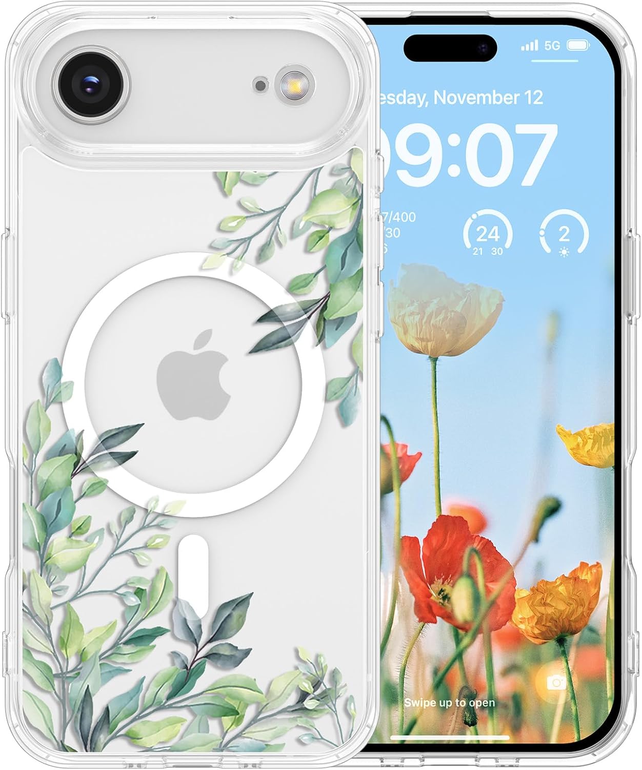 RALEAVO for iPhone Air Case Compatible with MagSafe Clear Floral Cover with Green Leaves Pattern for Girls Women Slim Cute Hard Back Shockproof Phone Case for iPhone Air,Transparent