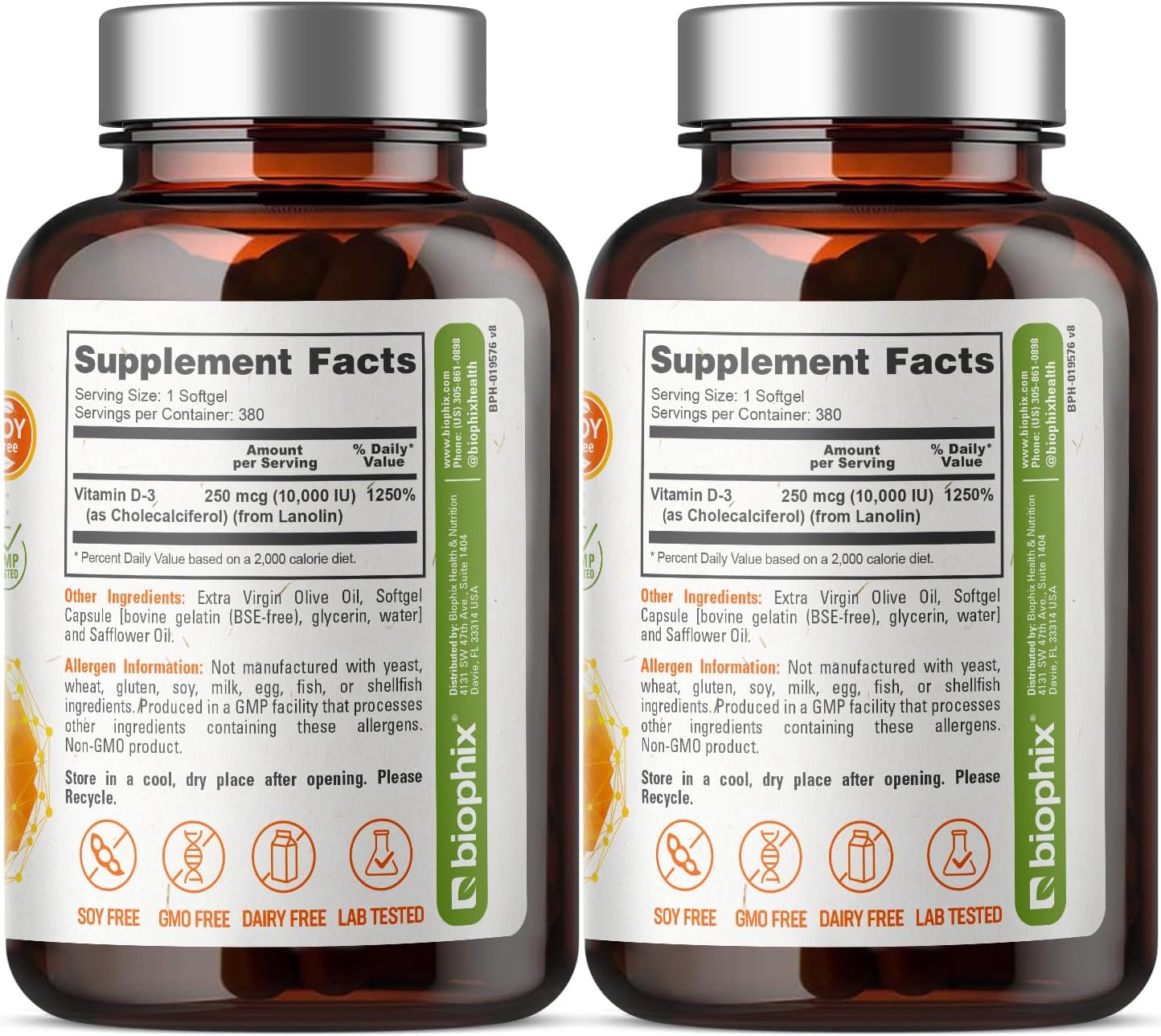 biophix Vitamin D-3 10000 IU 380 Softgels Vitamin 2 Pack - High-Potency in Extra Virgin Olive Oil Non-GMO Soy-Free Supports Strong Bones Immune Health
