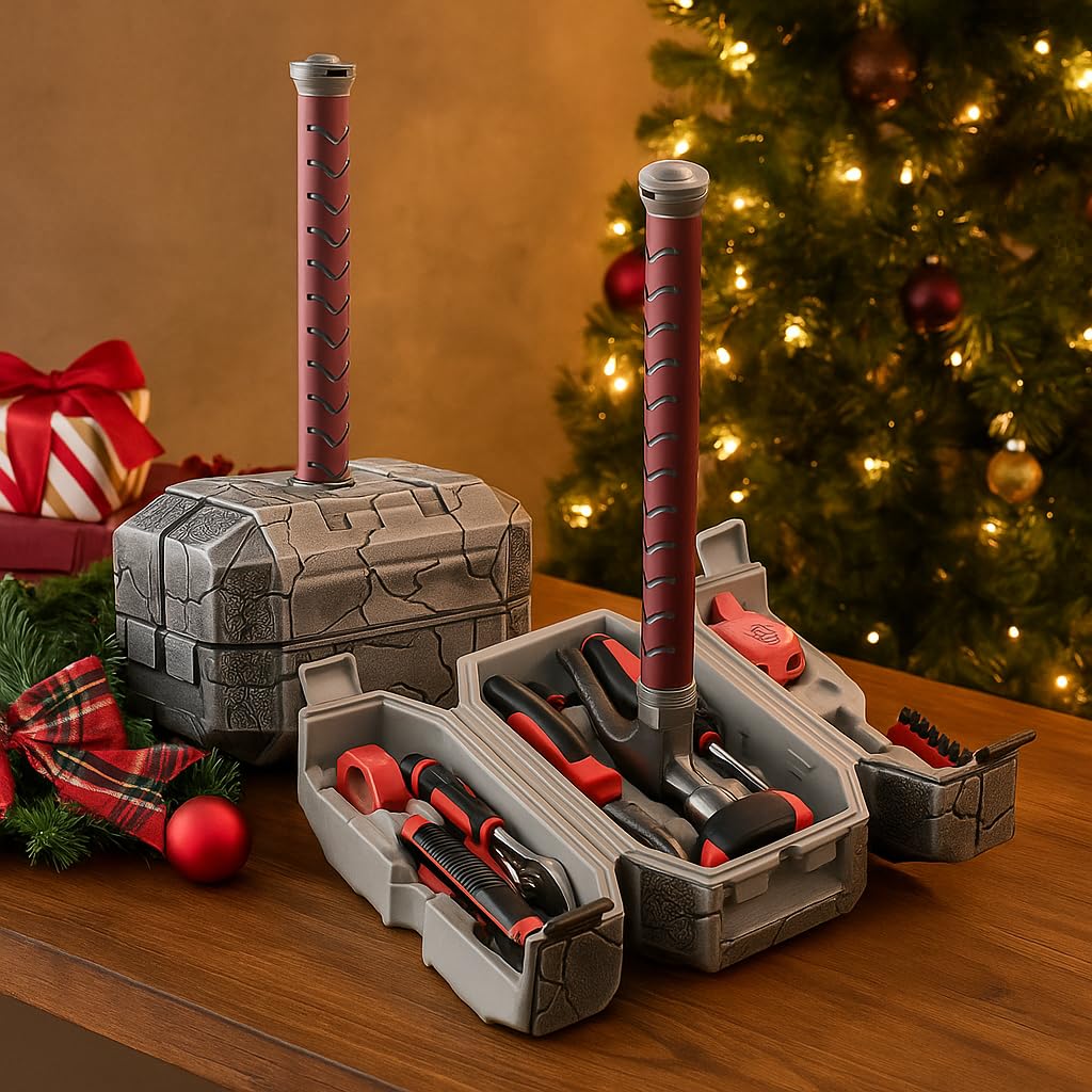 Thor Hammer Werkzeugkoffer Set,Tägliche Reparatur Gefüllt Haushalt Werkzeug,Werkzeugkasten Set für DIY und Holzbearbeitung,Geschenke für Herren,Halloween Deko (Einen schritt weiter)