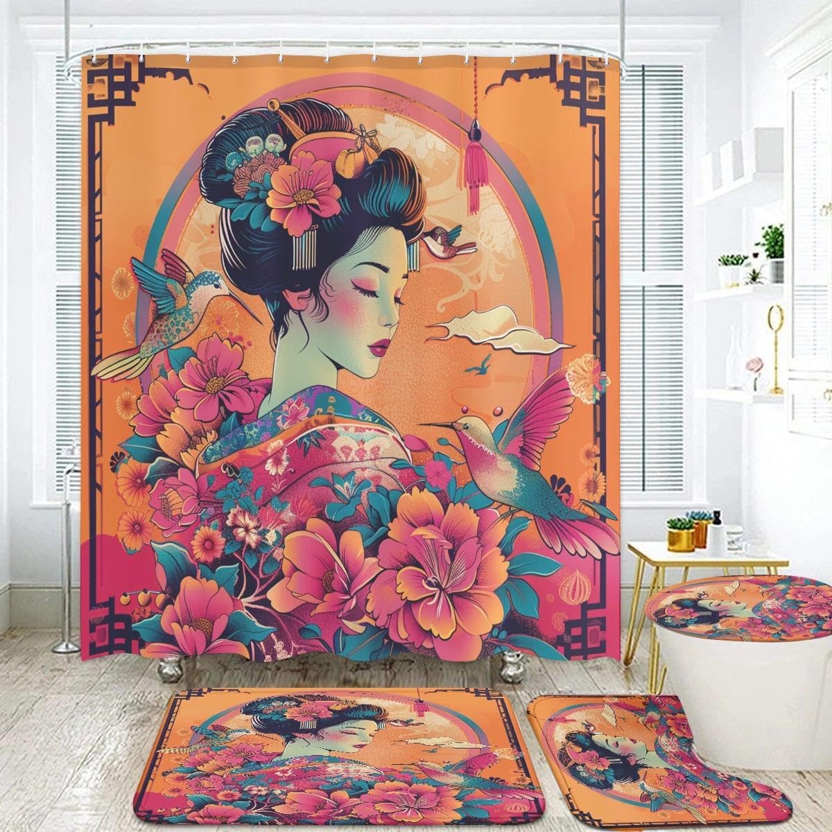 Japanese Geisha Bathroom Set, 4-Piece with Shower Curtain 71x71, Bath Mat, Contour Rug, Toilet Lid Cover, Orange Floral Design