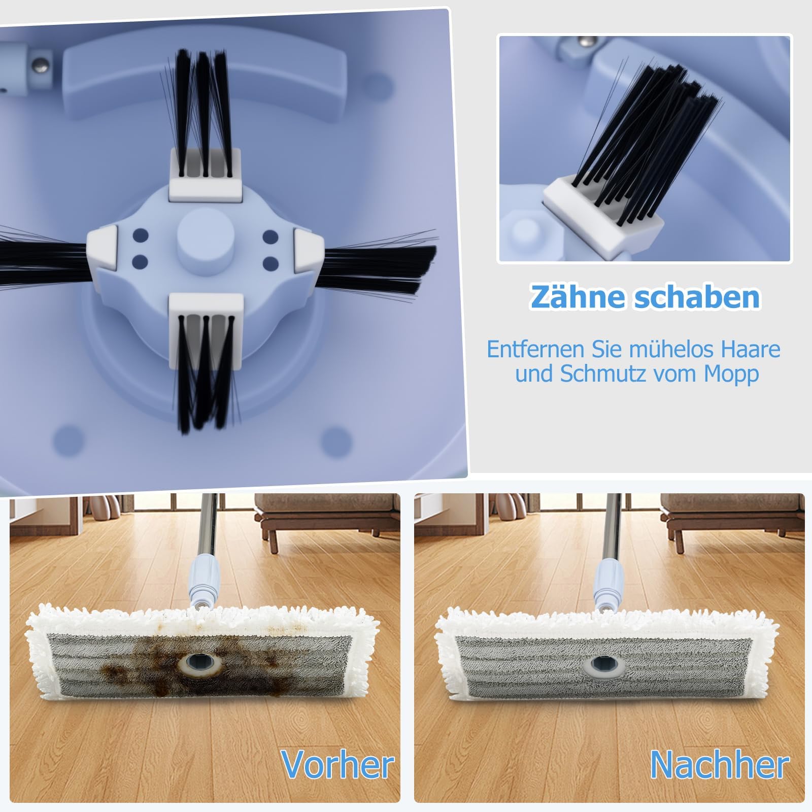 FANTASK Wischmopp und Eimer, Mopp und Eimersystem mit Auswringfunktion, Abwassertrennung, 360° rechteckigen und runden Wischköpfe, komplettes Wischset für Nass- und Trockenreinigung (Blau)