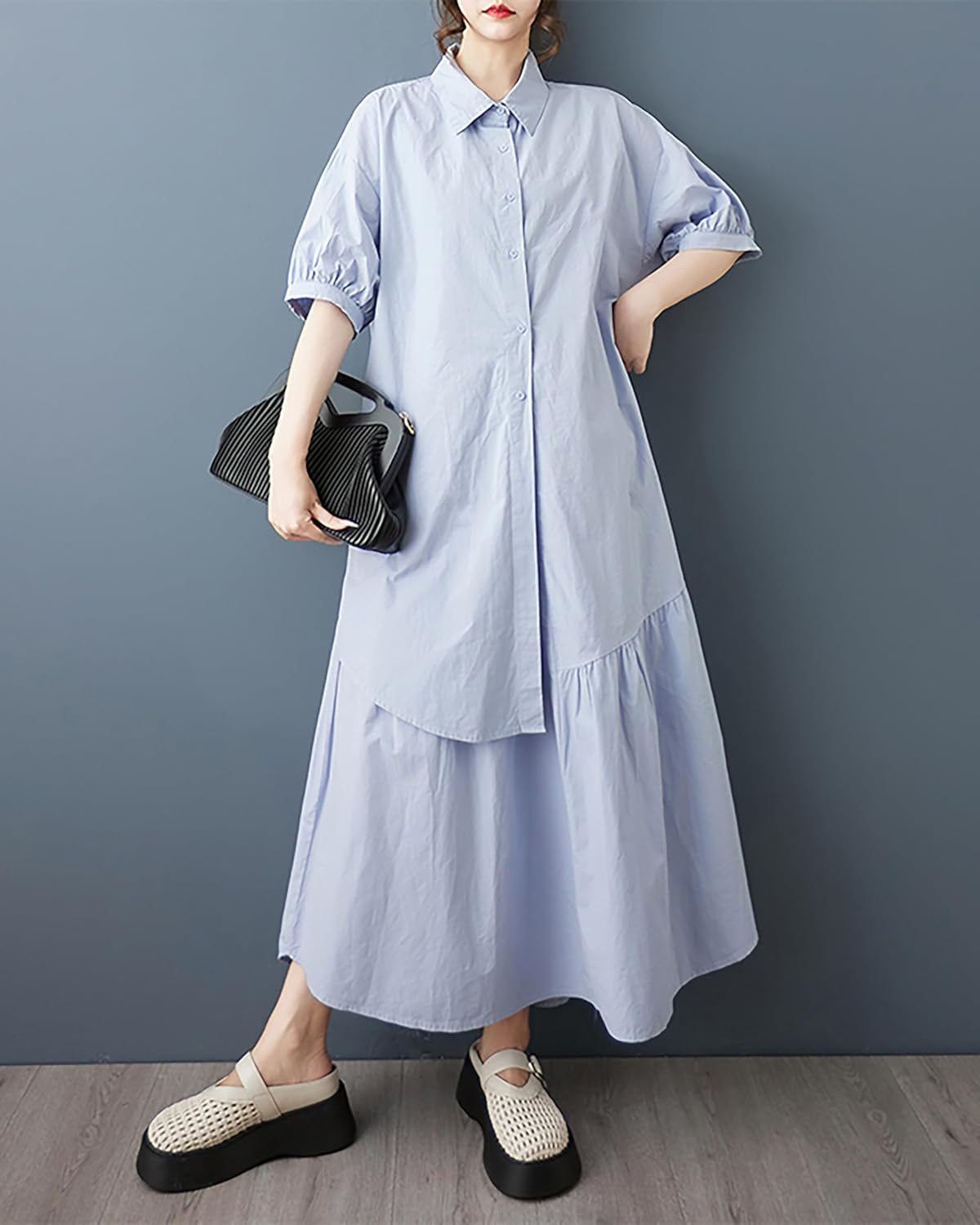 ellazhu Women's Dress Lapel Short Sleeve Solid Button Down Plus Size Maxi Flowy Hem Casual Fashion Summer GZ541 - Image 4