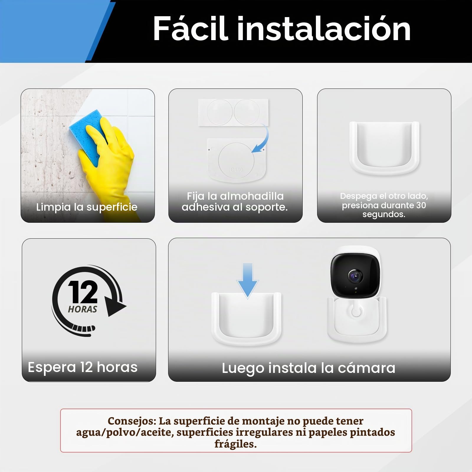 Pack de 2 Soportes de Pared Adhesivos para Cámara de Seguridad Interior Tapo C100, C110 – Instalación Fácil Sin Taladros, Montaje en Ventana para TP-Link