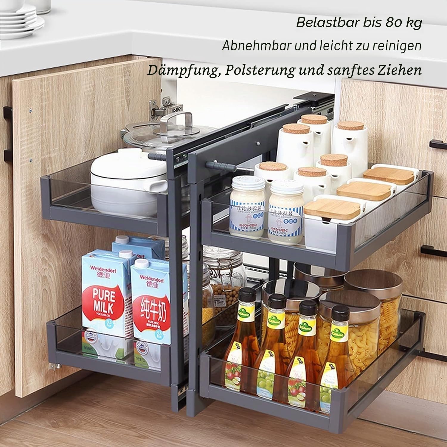 Ausziehbarer Küchen-Eckschrank mit Soft-Close-Funktion, 4 Aufbewahrungskörbe, universeller Eck-Ausziehkorb links und rechts 800