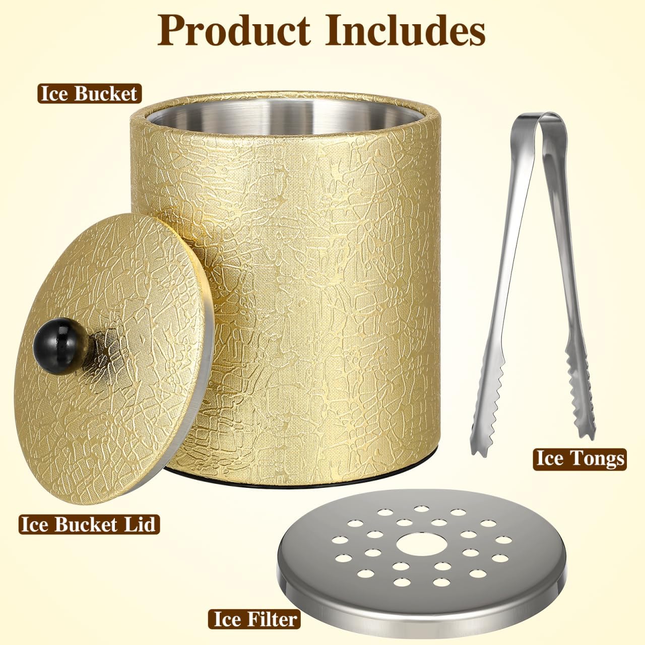 Ice Bucket with Lid 2.8L Double Wall Stainless Steel Keeps Cold Longer Easter Party, Insulated Gold Ice Bucket with Tong and Strainer for Parties Cocktail bar, Wine