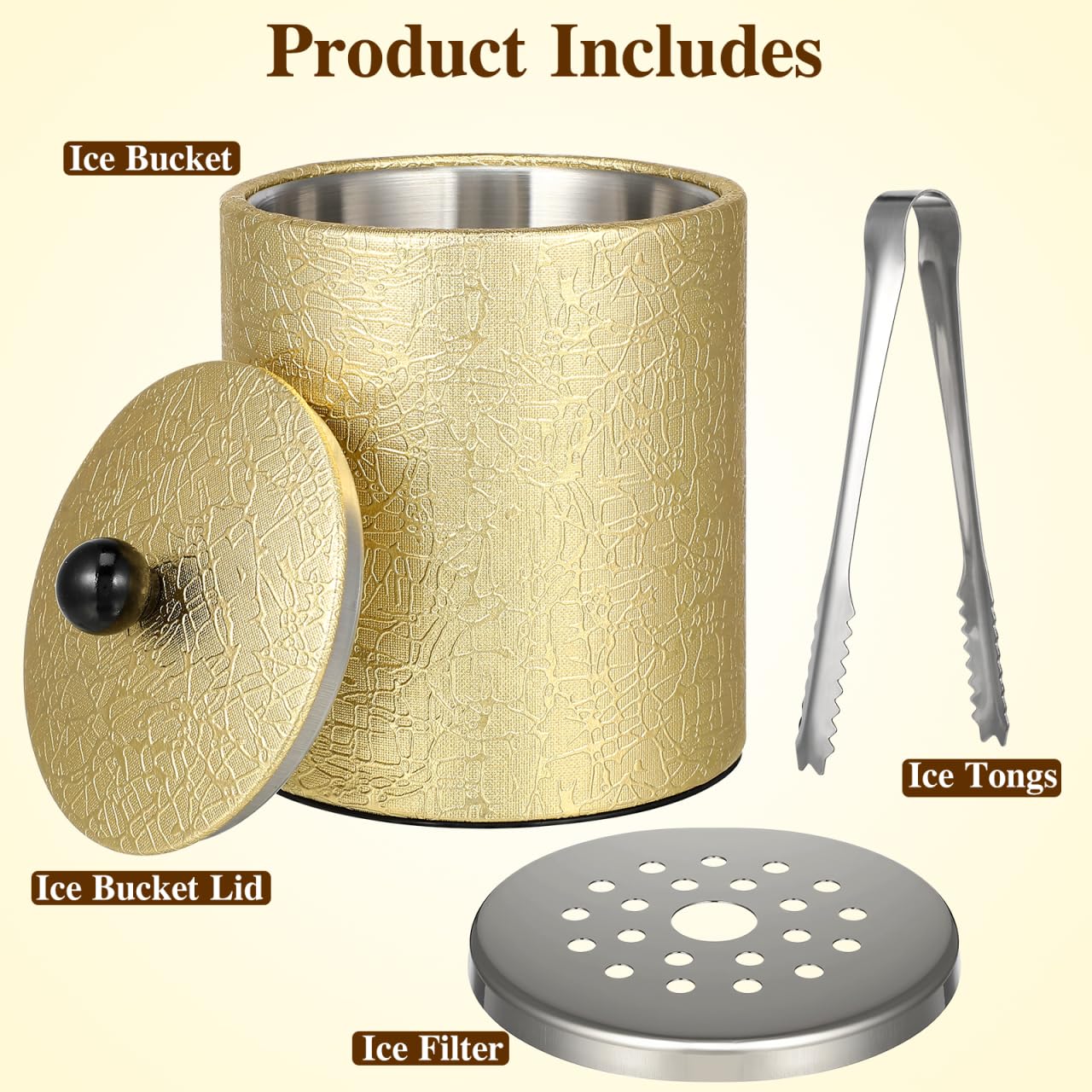 HEMOTON Cubitera de acero inoxidable con tapa, 1,3 L, incluye pinzas para hielo y colador, enfriador de hielo aislado de doble pared, enfriador de vino y champán para bar, fiesta y hogar