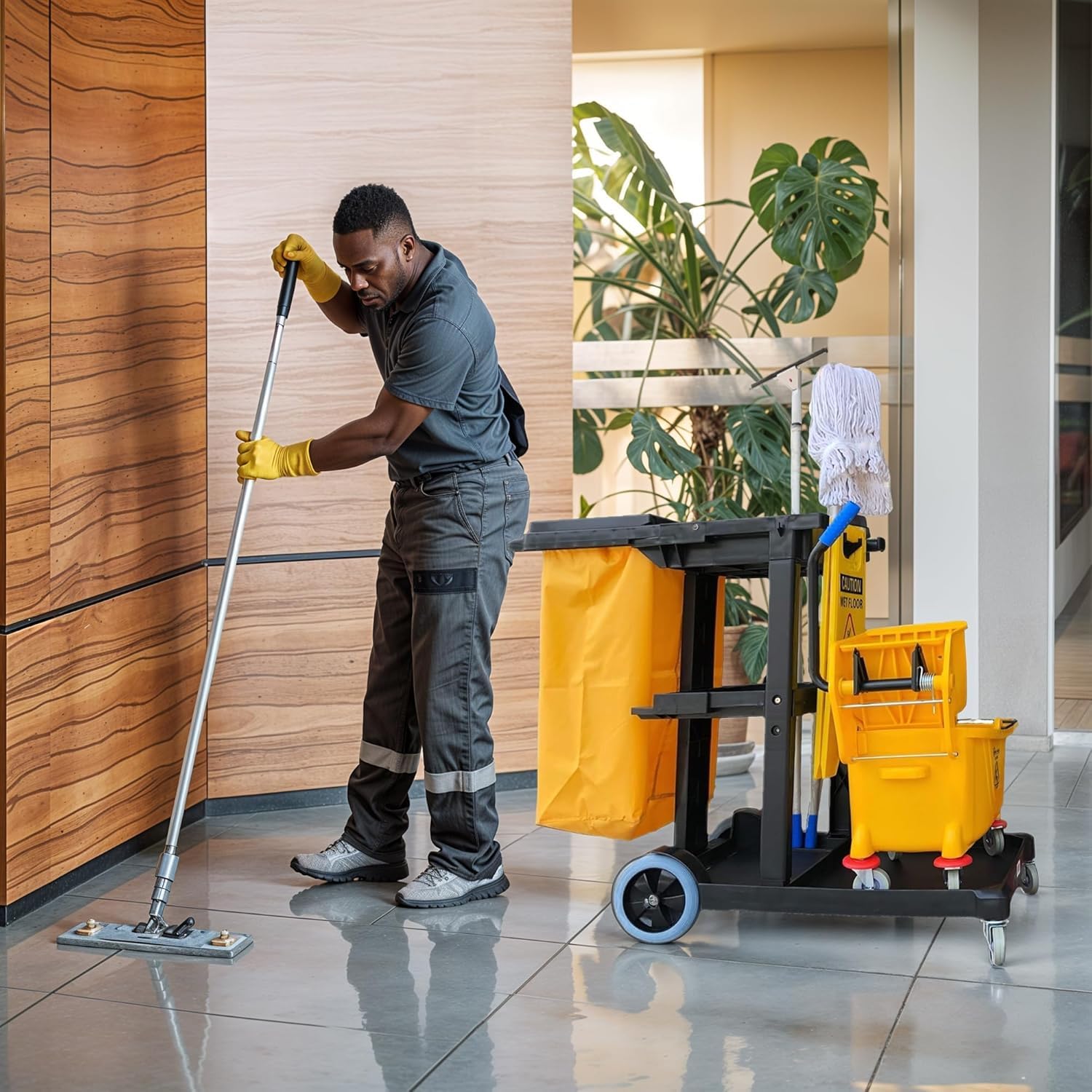 Simpli-Magic Commercial Cleaning Cart with Waste Bag & Lid, Janitorial Utility Cart with 3 Shelves, Mop & Broom Holders, 330 lb Capacity, Yellow/Grey