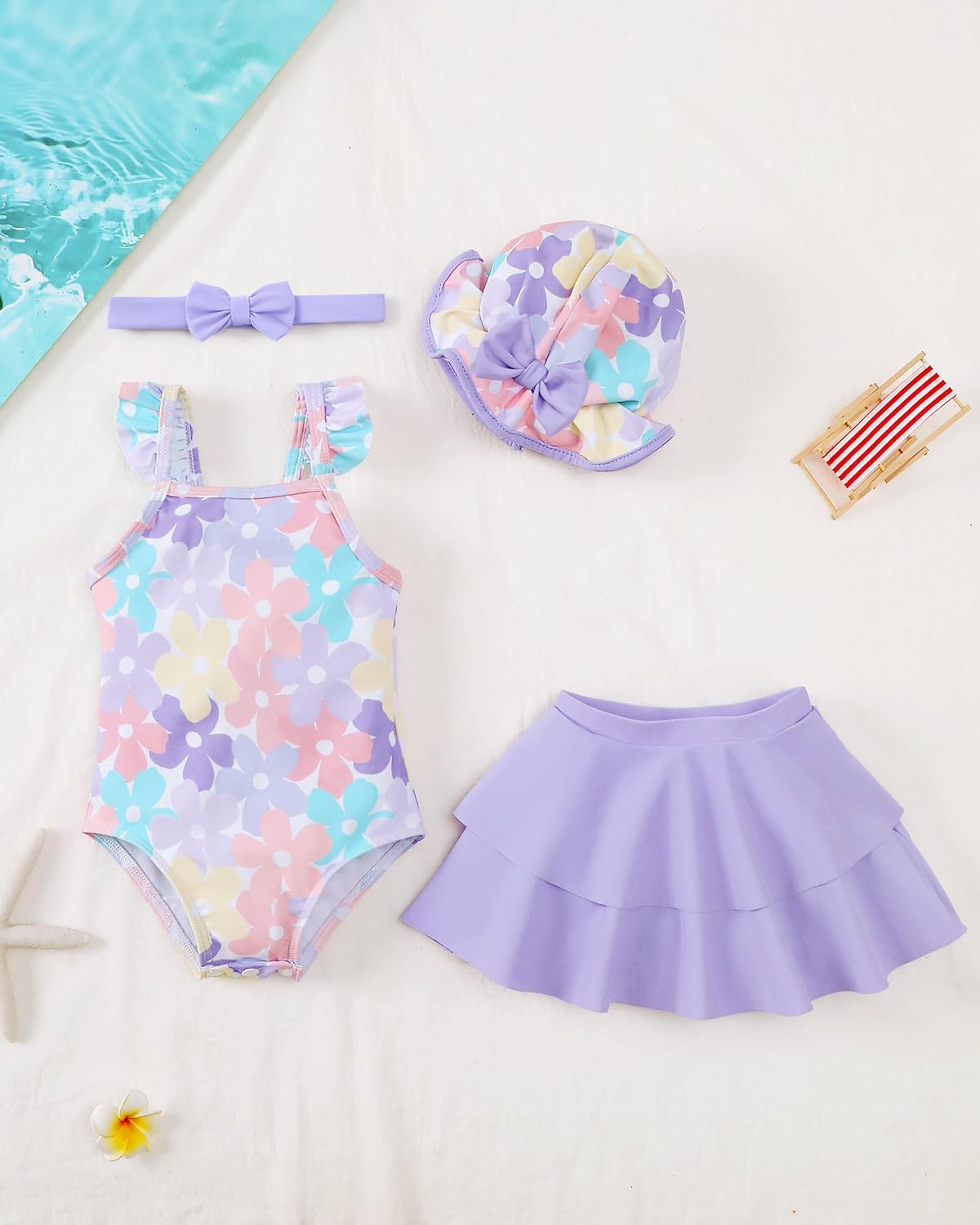 Renotemy Baby Girl Swimsuit Toddler One-Piece Bathing Suit with Skirt&Hat Bikini Beach Pool Swimwear for Infant Girls 3M-3Y